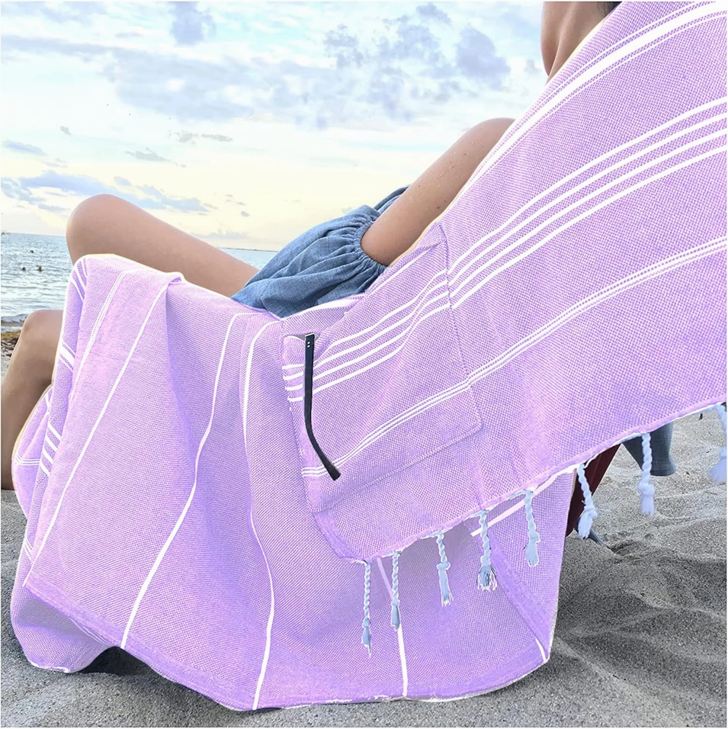 Aysesa-Sandproof Turkish Cotton Beach Towel Oversized w/Hidden-Pocket 75" Sand Free Blanket Extra Large Packable Travel Bath Towel Gift Men Women Made-in-Turkey