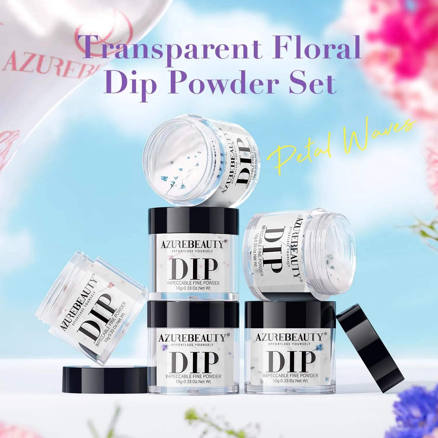 AZUREBEAUTY Dip Powder Nail Transparent Crystal Dried Flower Set, Blue Green Purple Pink Yellow 6 Colors Natural Real Clear Dipping Powder Starter Kit Nail Art Manicure Salon, No Need Nail Lamp Cured