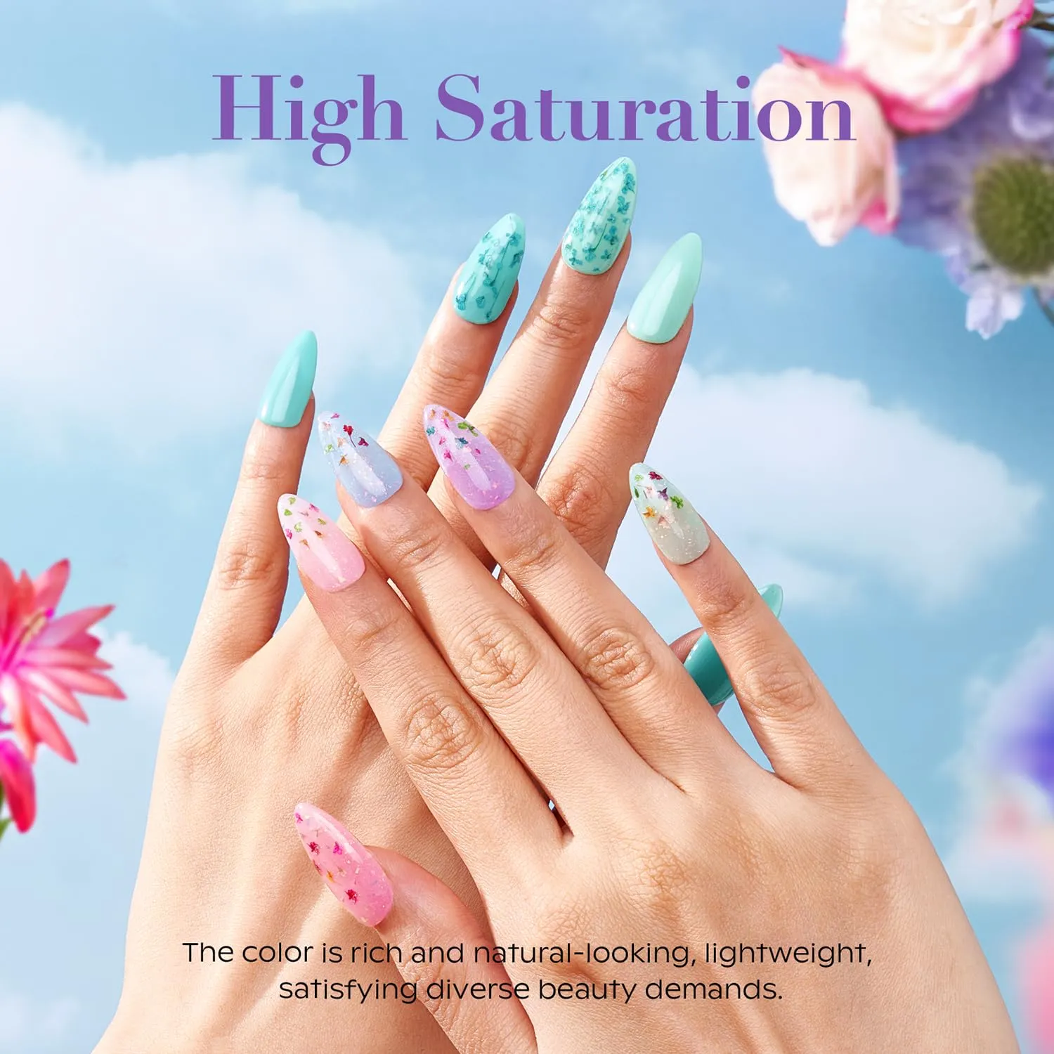 AZUREBEAUTY Dip Powder Nail Transparent Crystal Dried Flower Set, Blue Green Purple Pink Yellow 6 Colors Natural Real Clear Dipping Powder Starter Kit Nail Art Manicure Salon, No Need Nail Lamp Cured