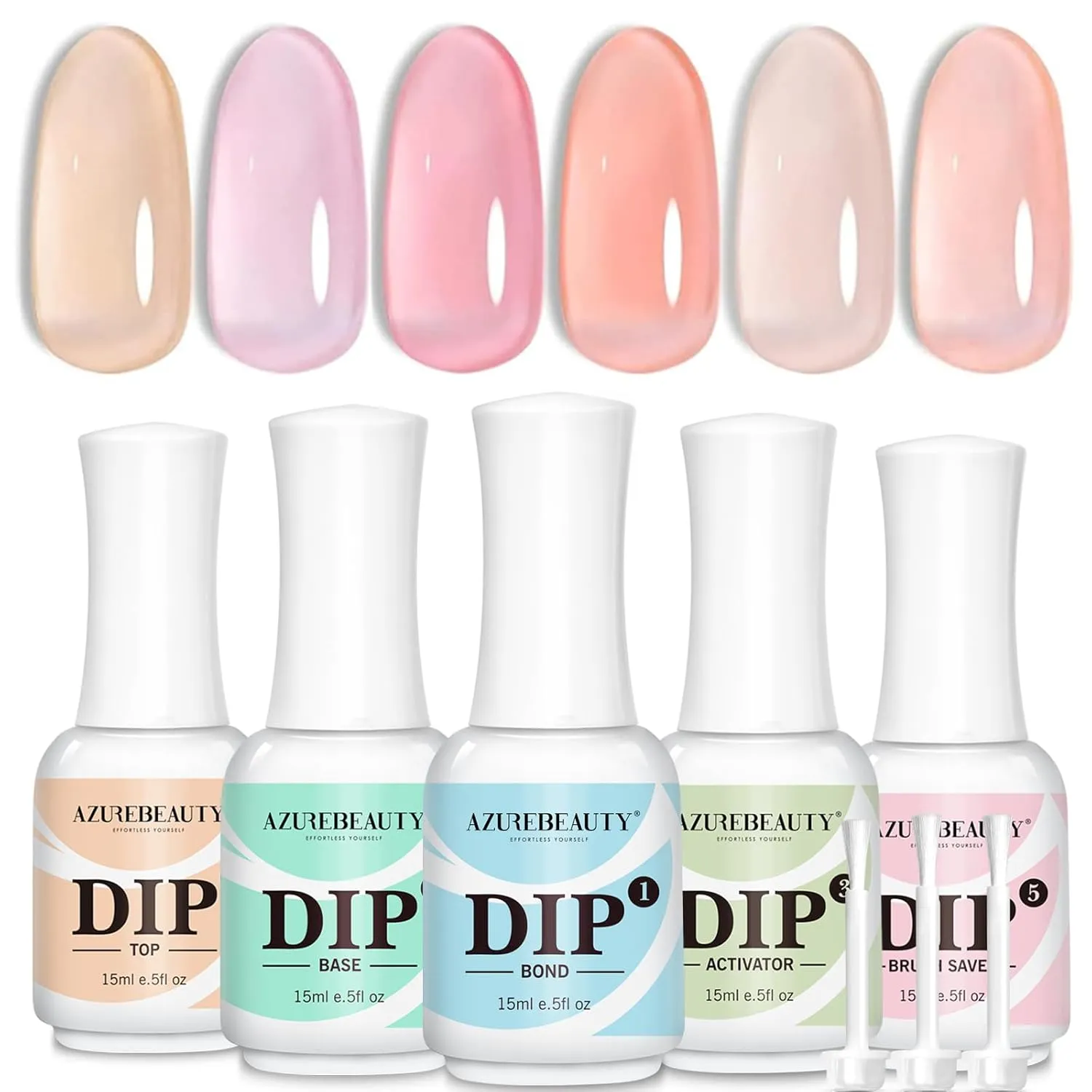 AZUREBEAUTY Dip Powder Set 6 Pcs Translucent Nude Pink Sheer Color & 15ml 8Pcs Dip Powder Liquid Set with Base & Top, Bond, Activator No Nail Lamp Needed
