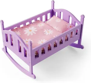 BABESIDE 4 Pcs Baby Doll Crib Set for Mini Baby Dolls Up to 6 Inch, Wooden Baby Doll Bed Doll Furniture with Doll Bedding Set for Kids Pretend Play Toys, Only Purple Babydoll Cradle