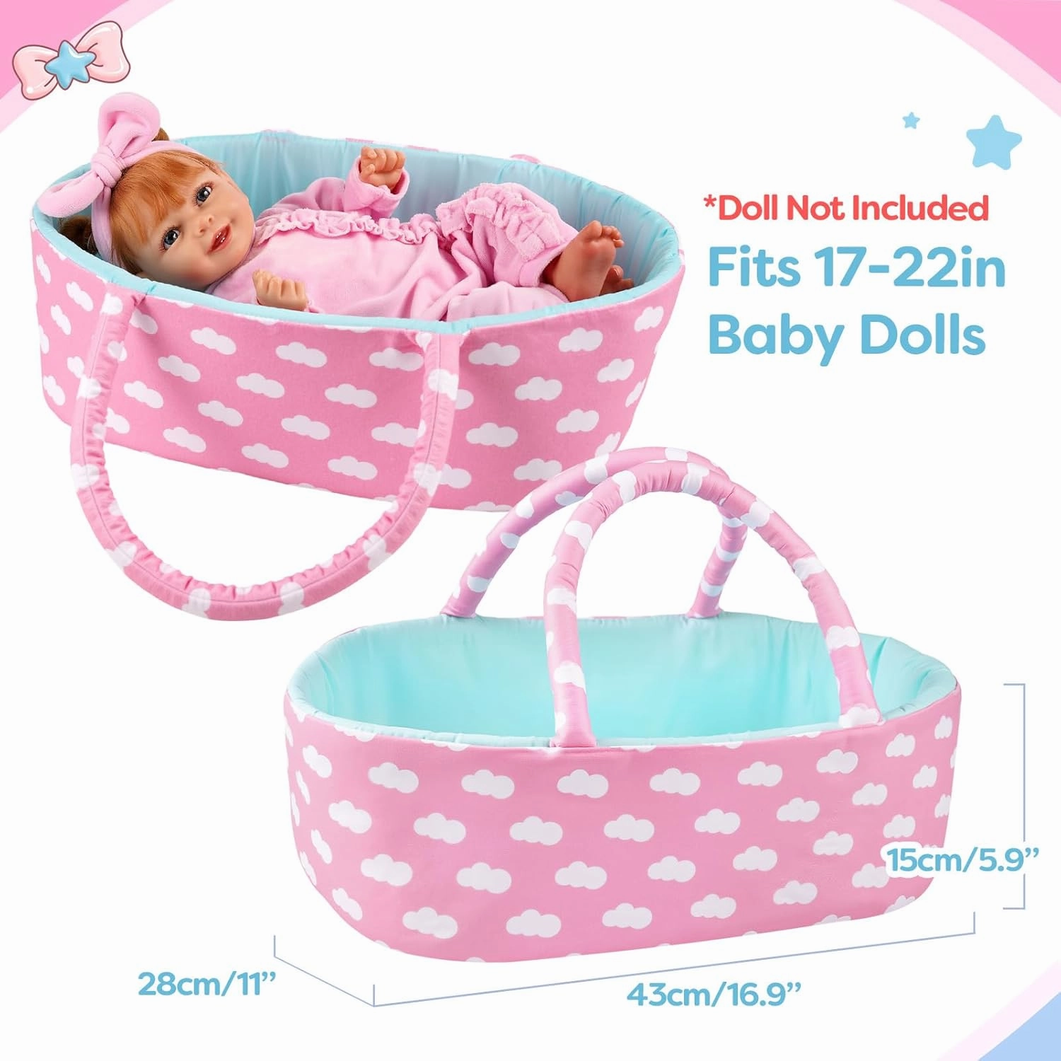 BABESIDE Reborn Baby Dolls Bassinet Foldable Baby Doll Crib Bed Soft Dolls Carrier Doll Accessories with Handle for 17-22 inch Babies Dolls Girls Boys
