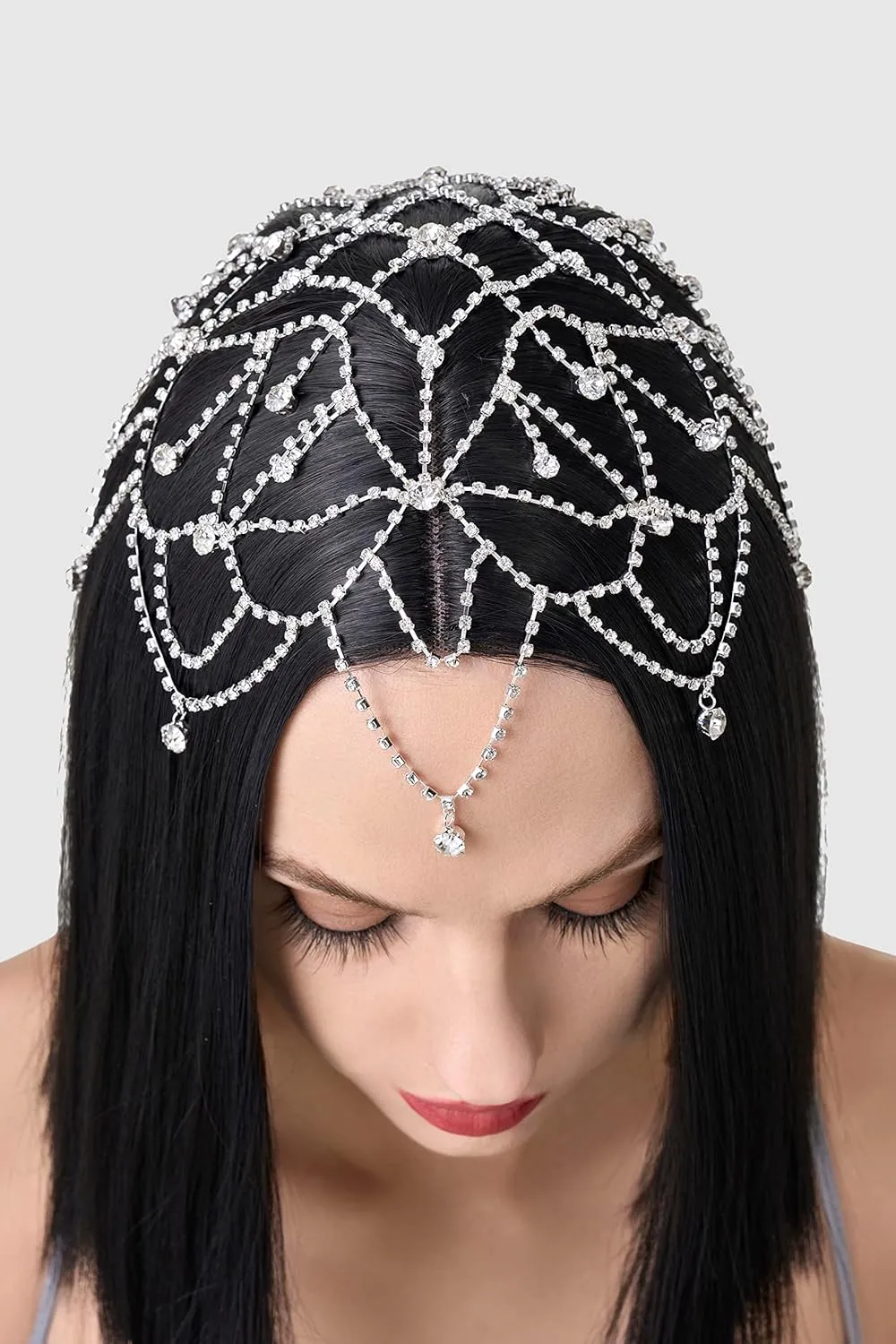 BABEYOND 1920s Crystal Cap Headpiece Rhinestone Head Chain Roaring 20s Great Gatsby Hair Accessories for Art Deco Party (Silver)