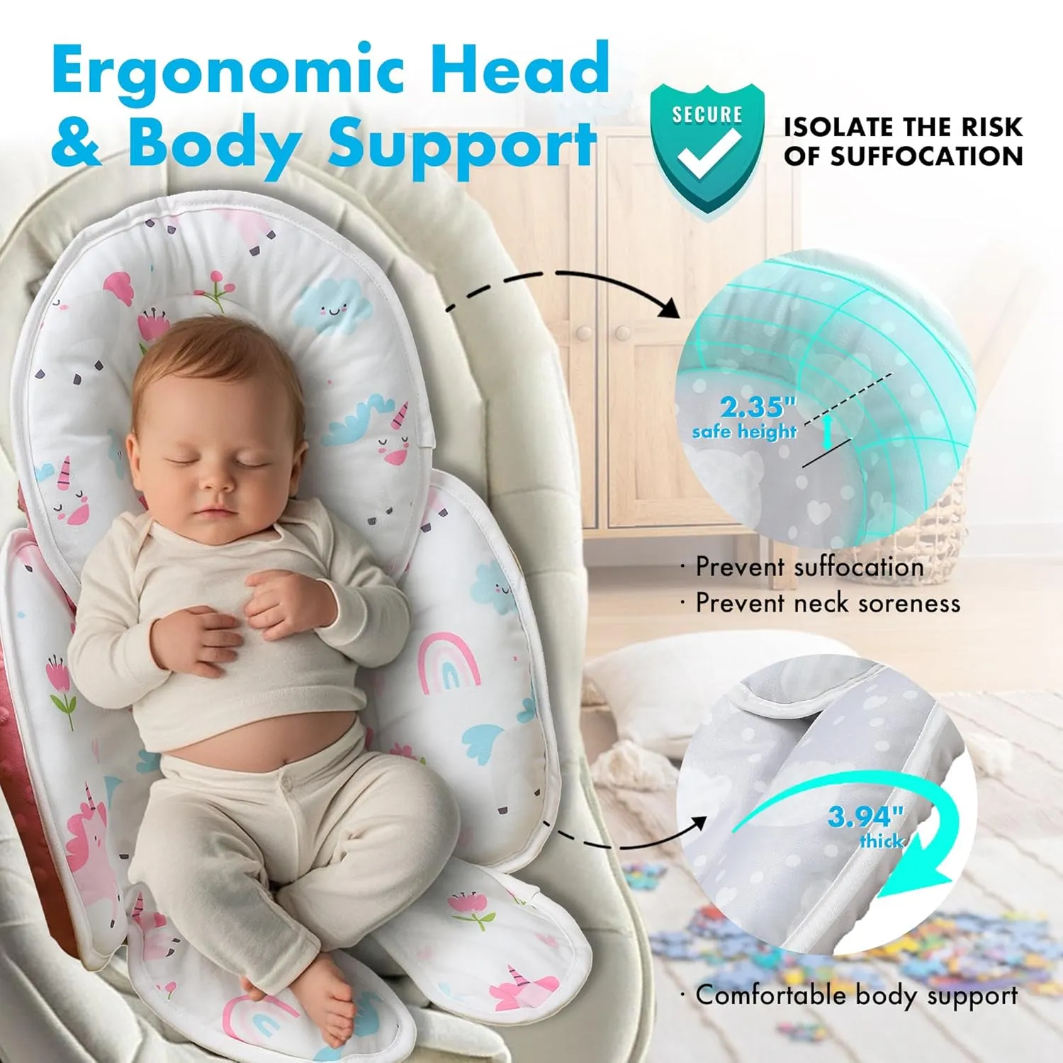 Baby Car seat Head Support, 2-in-1 Infant Car Seat Insert for Newborn Girls Boys Extra Soft Baby Support Pillow Cushion for Carseats, Strollers, Swings and Bouncers
