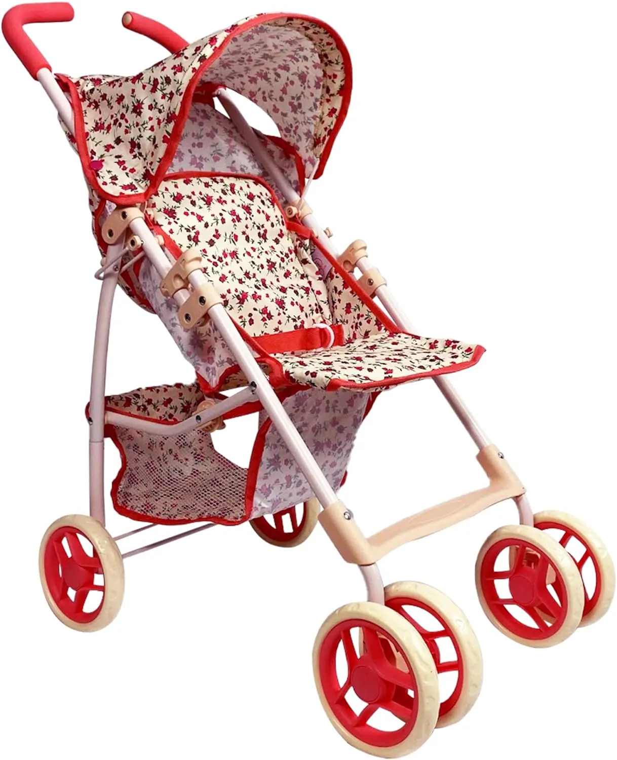 Baby Doll Stroller for Toddler Girls & Big Kids up to 8 Years Old | 28” Baby Stroller for Dolls, Toy Baby Stroller with Cute Coral Floral Print, Mesh Storage Basket, Canopy, Handle Grips, Rubber Tires