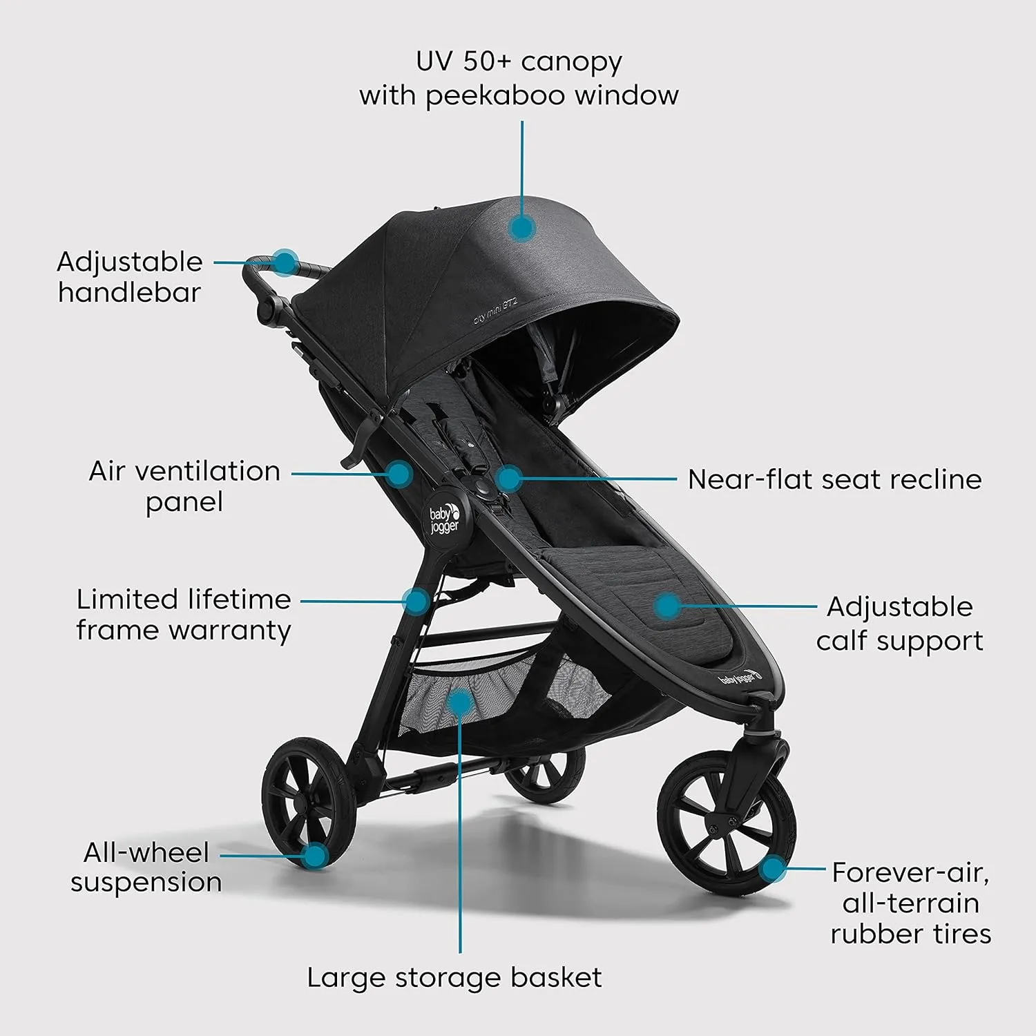 Baby Jogger City Mini GT2 All-Terrain Stroller Black Complete with Adjustable Handlebar Hand-Operated Parking Brake and car seat Adapter