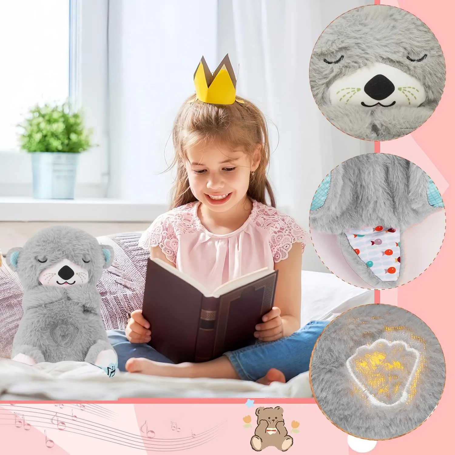 Baby Sound Machine Breathing Otter, Sensory Details Music Lights Rhythmic Breathing Motion Musical Baby Toy Plush for Newborns (Battery Not Includ)