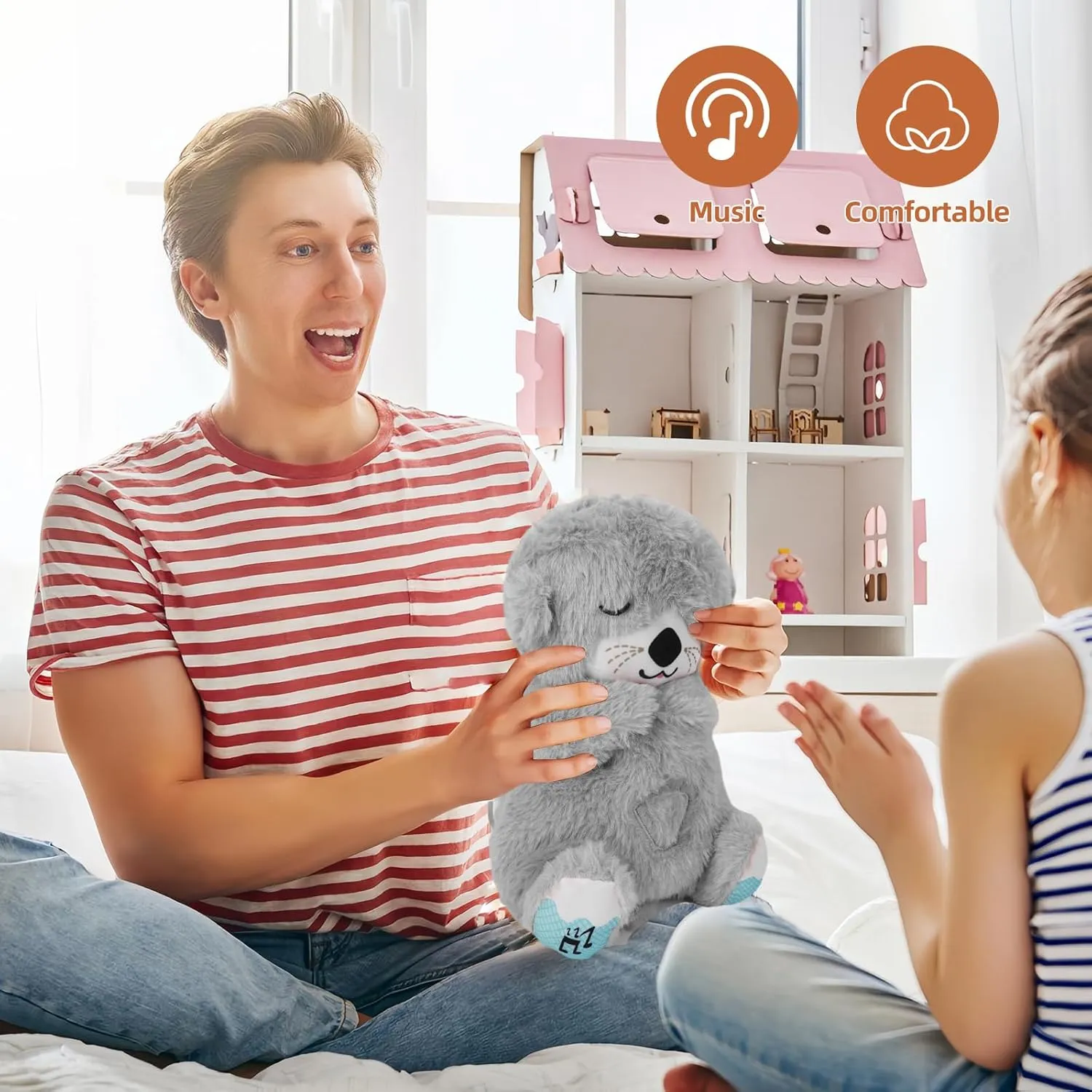 Baby Sound Machine Breathing Otter, Sensory Details Music Lights Rhythmic Breathing Motion Musical Baby Toy Plush for Newborns (Battery Not Includ)
