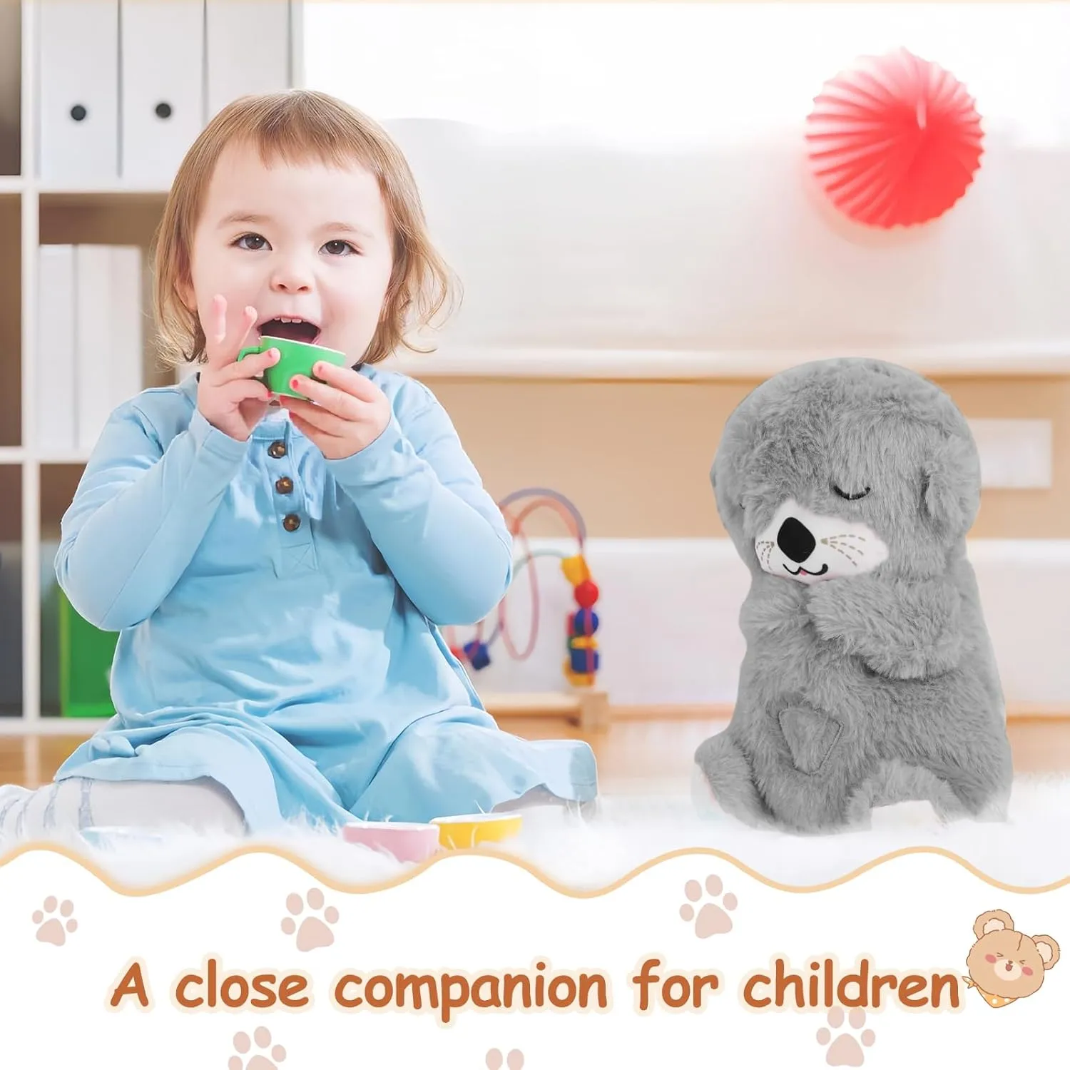 Baby Sound Machine Breathing Otter, Sensory Details Music Lights Rhythmic Breathing Motion Musical Baby Toy Plush for Newborns (Battery Not Includ)