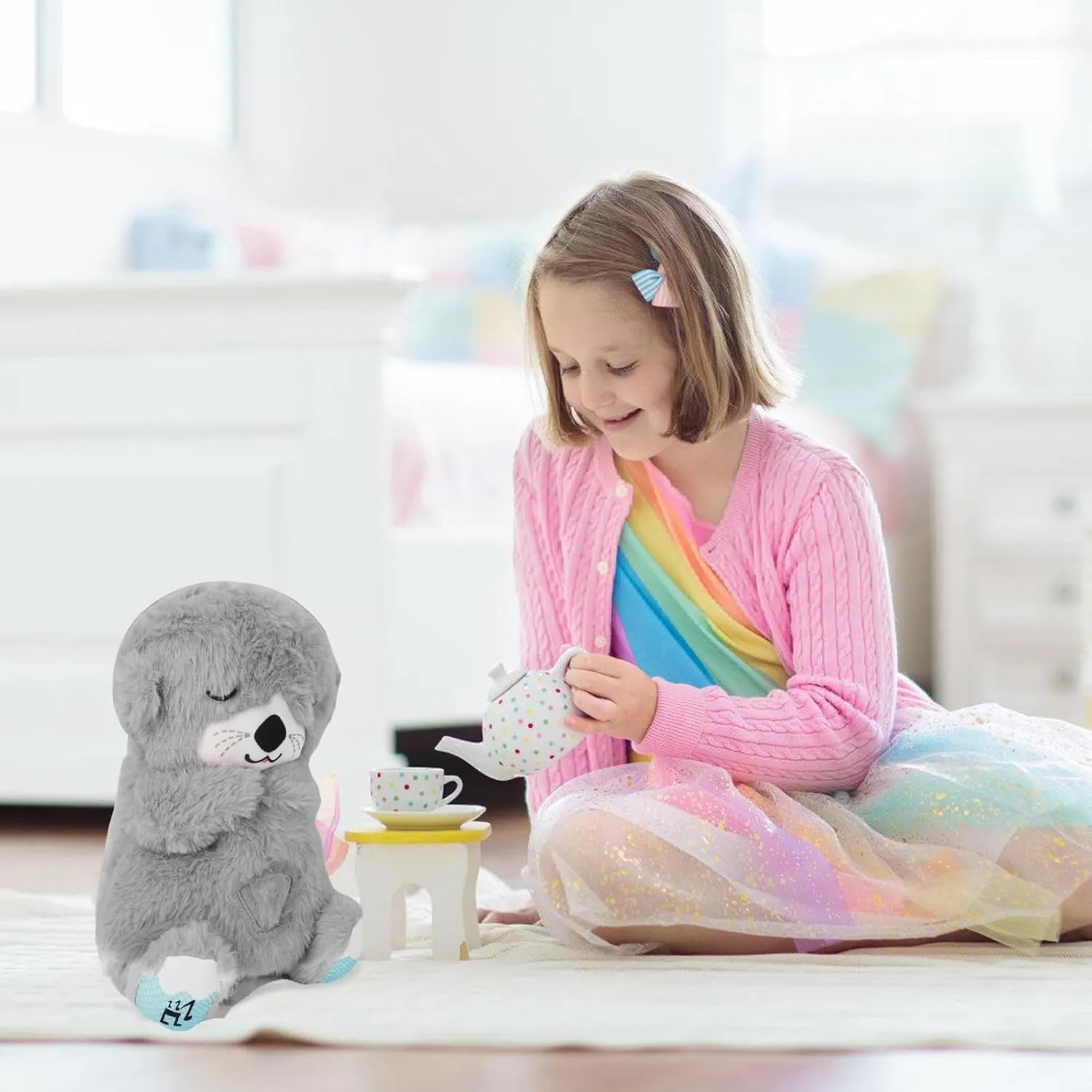 Baby Sound Machine Breathing Otter, Sensory Details Music Lights Rhythmic Breathing Motion Musical Baby Toy Plush for Newborns (Battery Not Includ)
