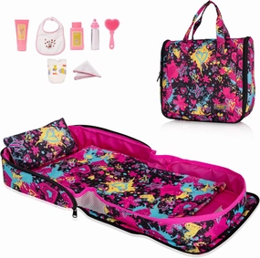 Baby Doll Bed - Portable Doll Bassinet - for Baby Dolls up to 21 inches - Handbag for Girl - Baby Doll Set - Graffiti Design