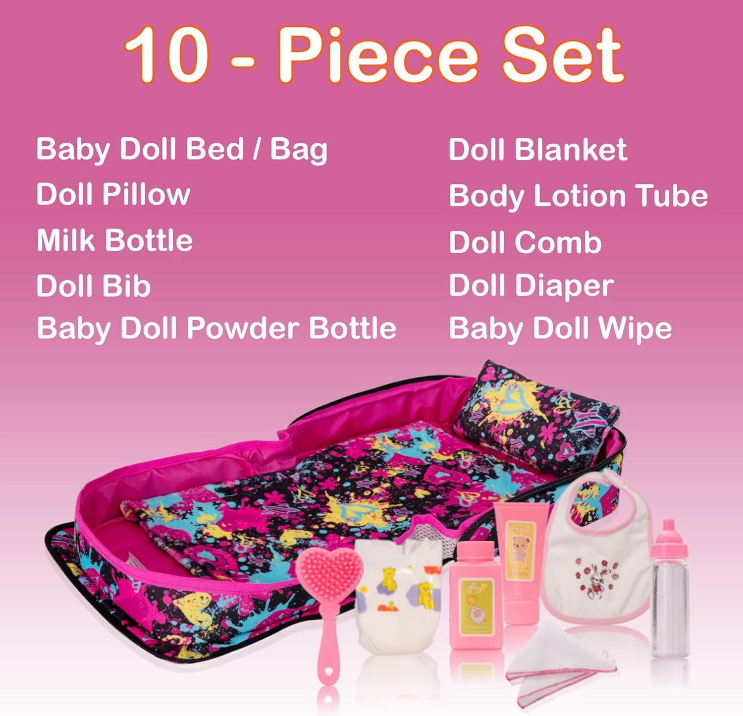 Baby Doll Bed - Portable Doll Bassinet - for Baby Dolls up to 21 inches - Handbag for Girl - Baby Doll Set - Graffiti Design