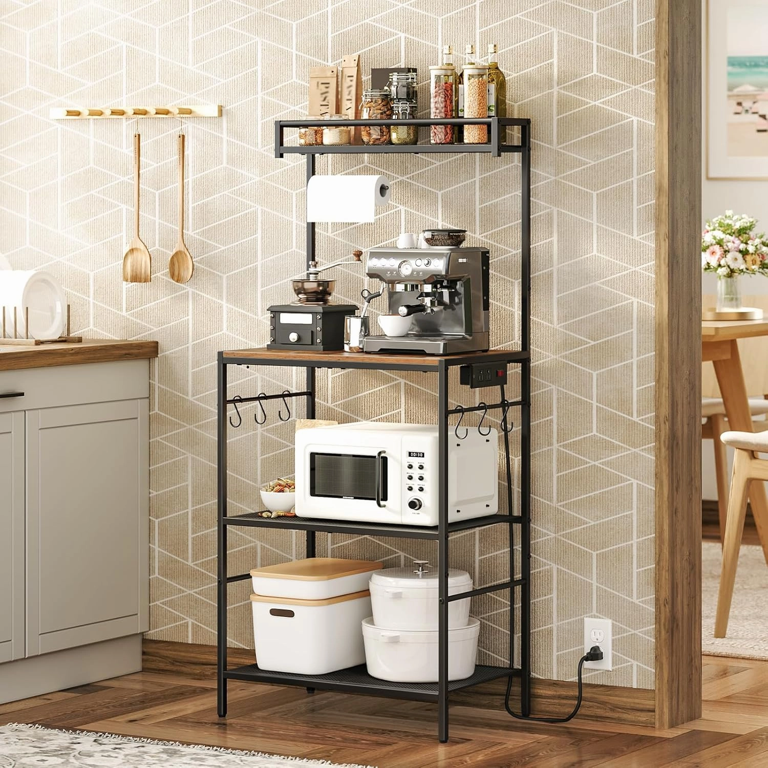 Bakers Rack with Power Outlet, Kitchen Storage Shelf with Paper Holder, Microwave Stand, Coffee Bar with 6 Hooks, Socket with Switch, for Kitchen, Dining Room, Rustic Brown BRHR36E01