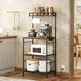 Bakers Rack with Power Outlet, Kitchen Storage Shelf with Paper Holder, Microwave Stand, Coffee Bar with 6 Hooks, Socket with Switch, for Kitchen, Dining Room, Rustic Brown BRHR36E01