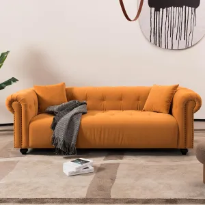 Ball & Cast 90" Chesterfield Loveseat Sofa,Vintage Medieval Couch with Rivet Handrails,Roll Armrests,Deep Seat Upholstered Low Profile Sofa w/ 2 Pillows,for Living Room,Apartment,Office,Dorm,Orange