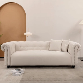 Ball & Cast 90" Chesterfield Loveseat Sofa,Vintage Medieval Couch with Rivet Handrails,Roll Armrests,Deep Seat Upholstered Low Profile Sofa w/ 2 Pillows,for Living Room,Apartment,Office,Dorm,White