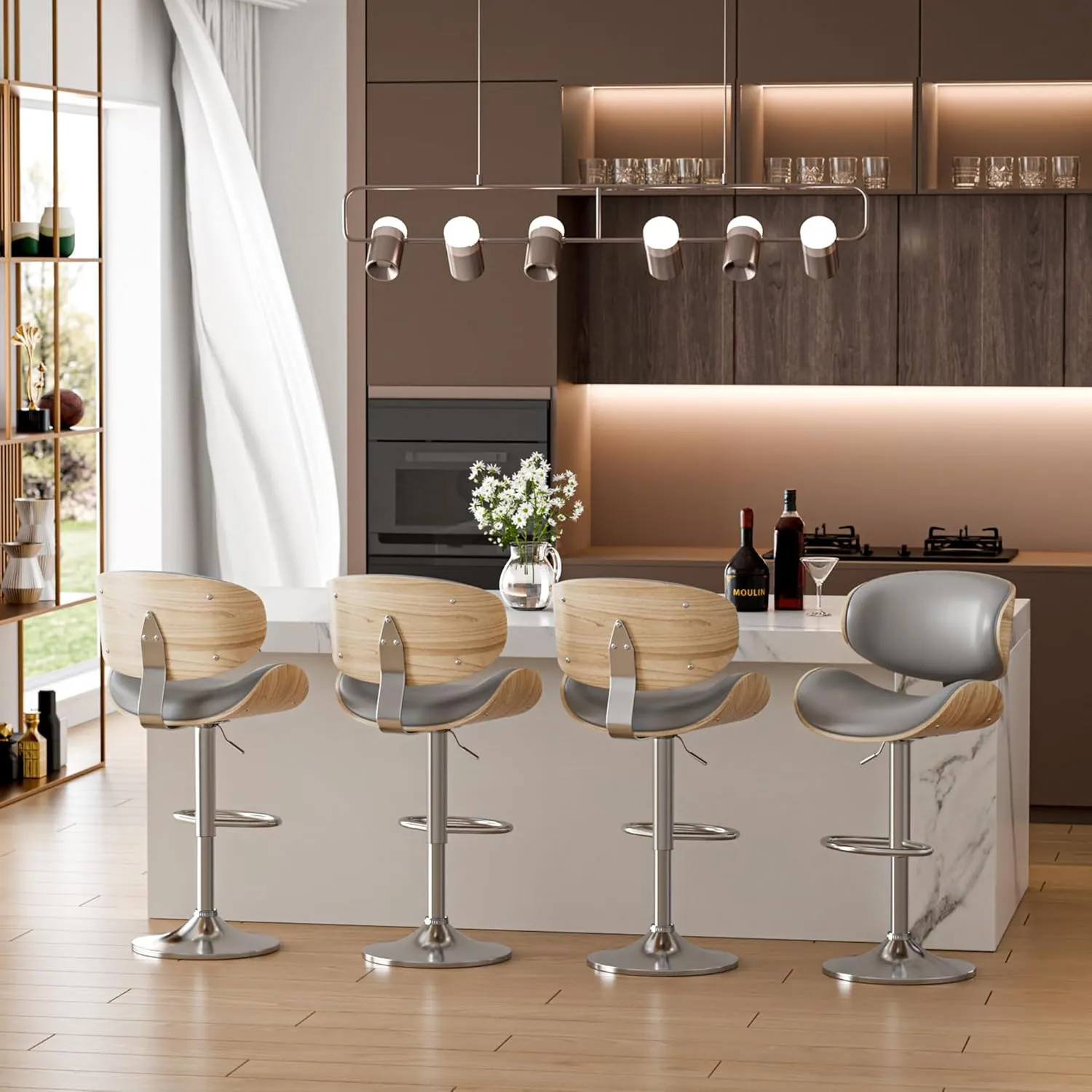 Bar Stools Set of 2, Adjustable Swivel Leather Bar Stools for Kitchen Island, Mid Century Modern Counter Height Bar Chairs Barstools with Back & Footrest (Grey)