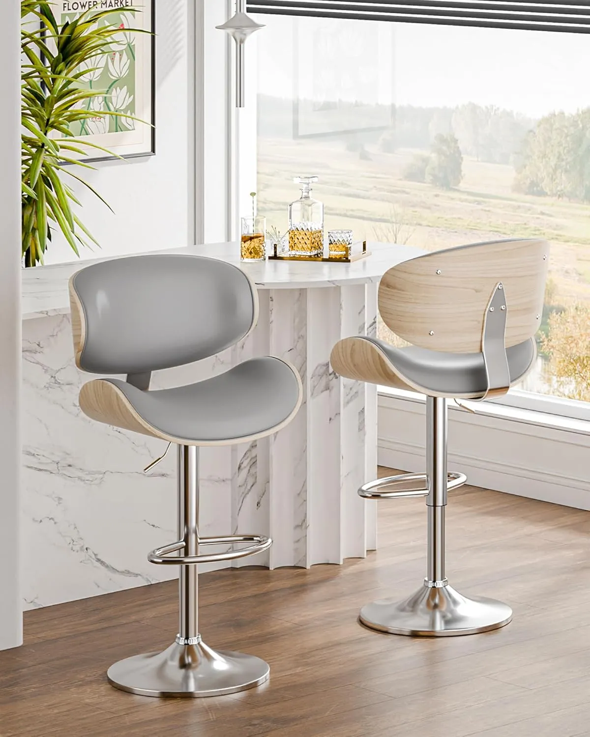 Bar Stools Set of 2, Adjustable Swivel Leather Bar Stools for Kitchen Island, Mid Century Modern Counter Height Bar Chairs Barstools with Back & Footrest (Grey)