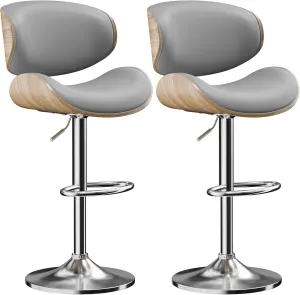 Bar Stools Set of 2, Adjustable Swivel Leather Bar Stools for Kitchen Island, Mid Century Modern Counter Height Bar Chairs Barstools with Back & Footrest (Grey)