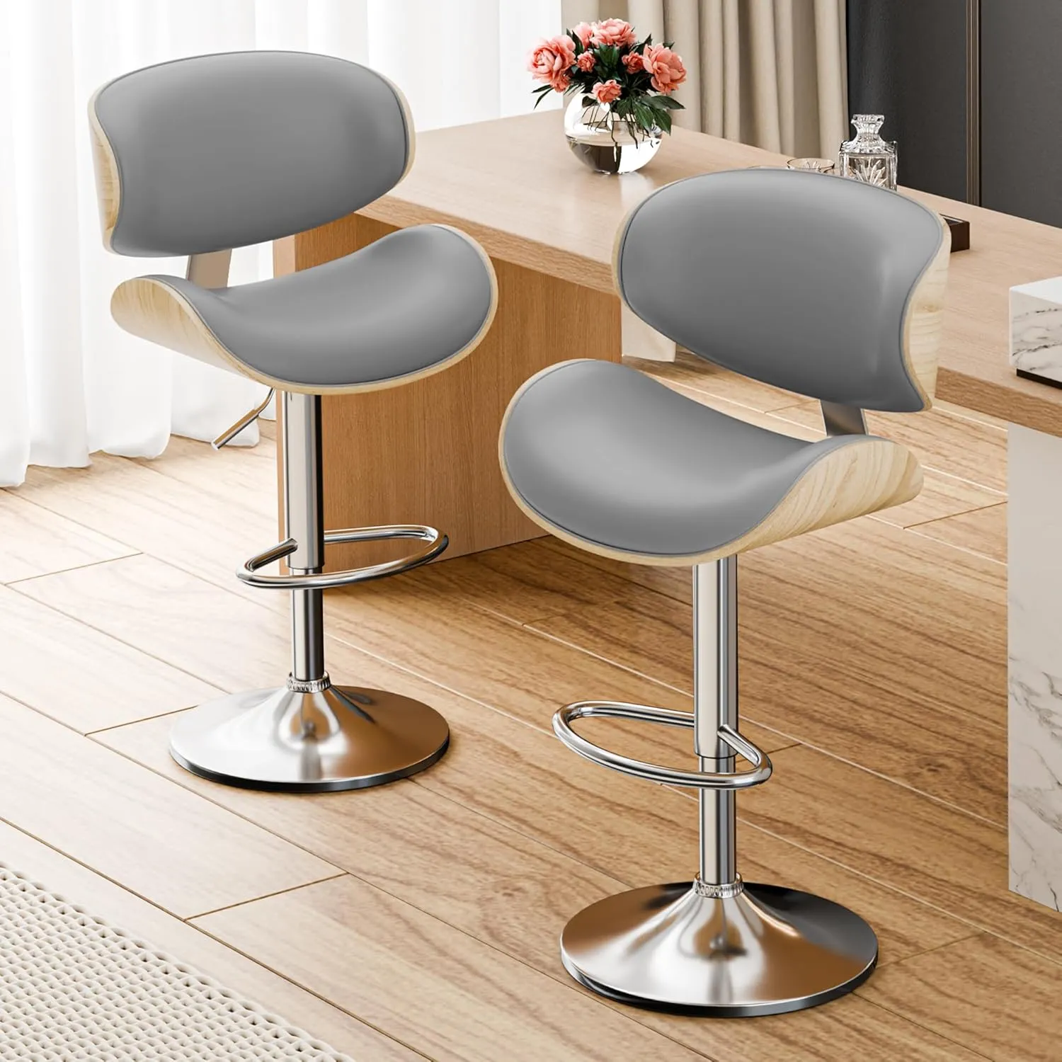 Bar Stools Set of 2, Adjustable Swivel Leather Bar Stools for Kitchen Island, Mid Century Modern Counter Height Bar Chairs Barstools with Back & Footrest (Grey)