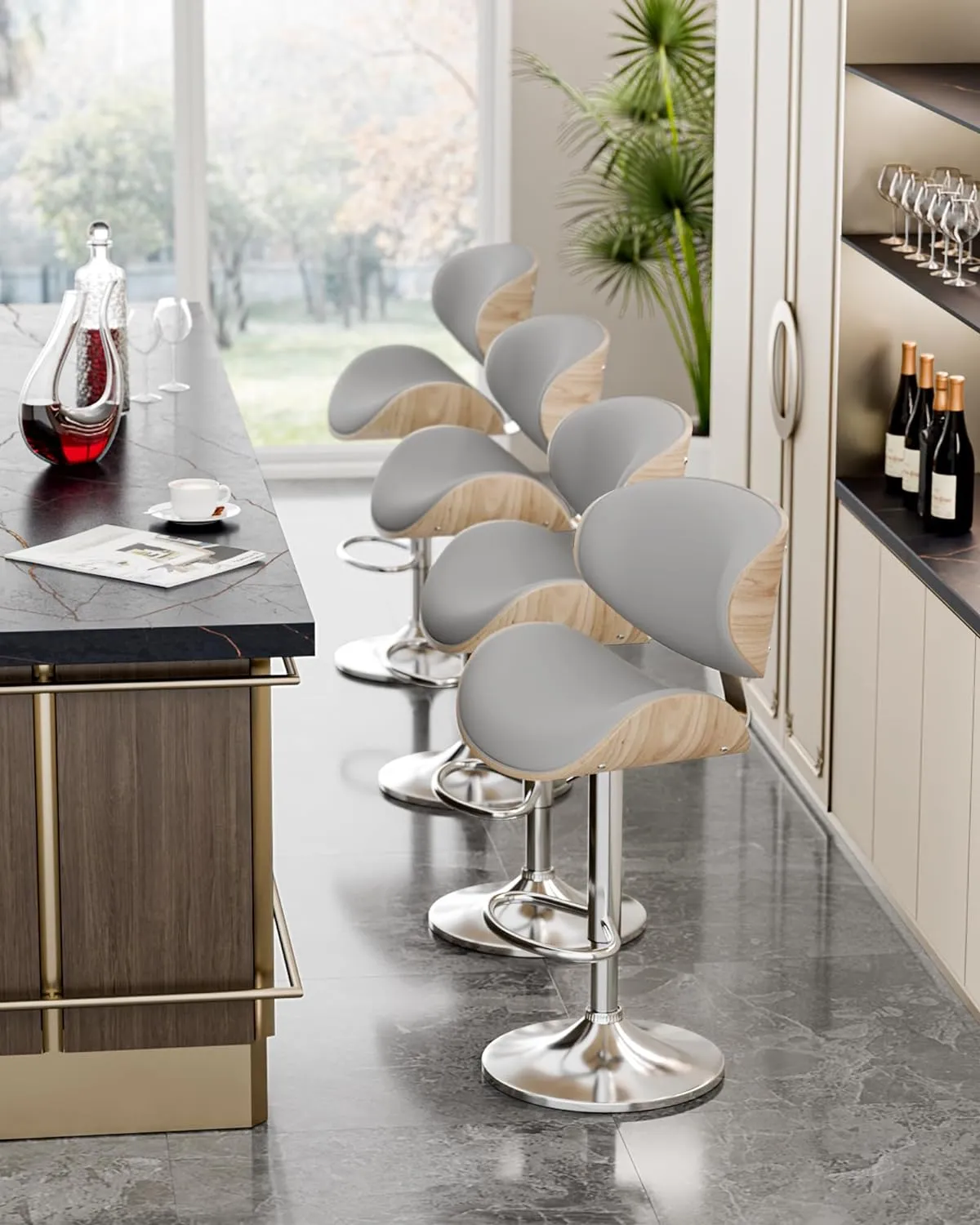 Bar Stools Set of 2, Adjustable Swivel Leather Bar Stools for Kitchen Island, Mid Century Modern Counter Height Bar Chairs Barstools with Back & Footrest (Grey)