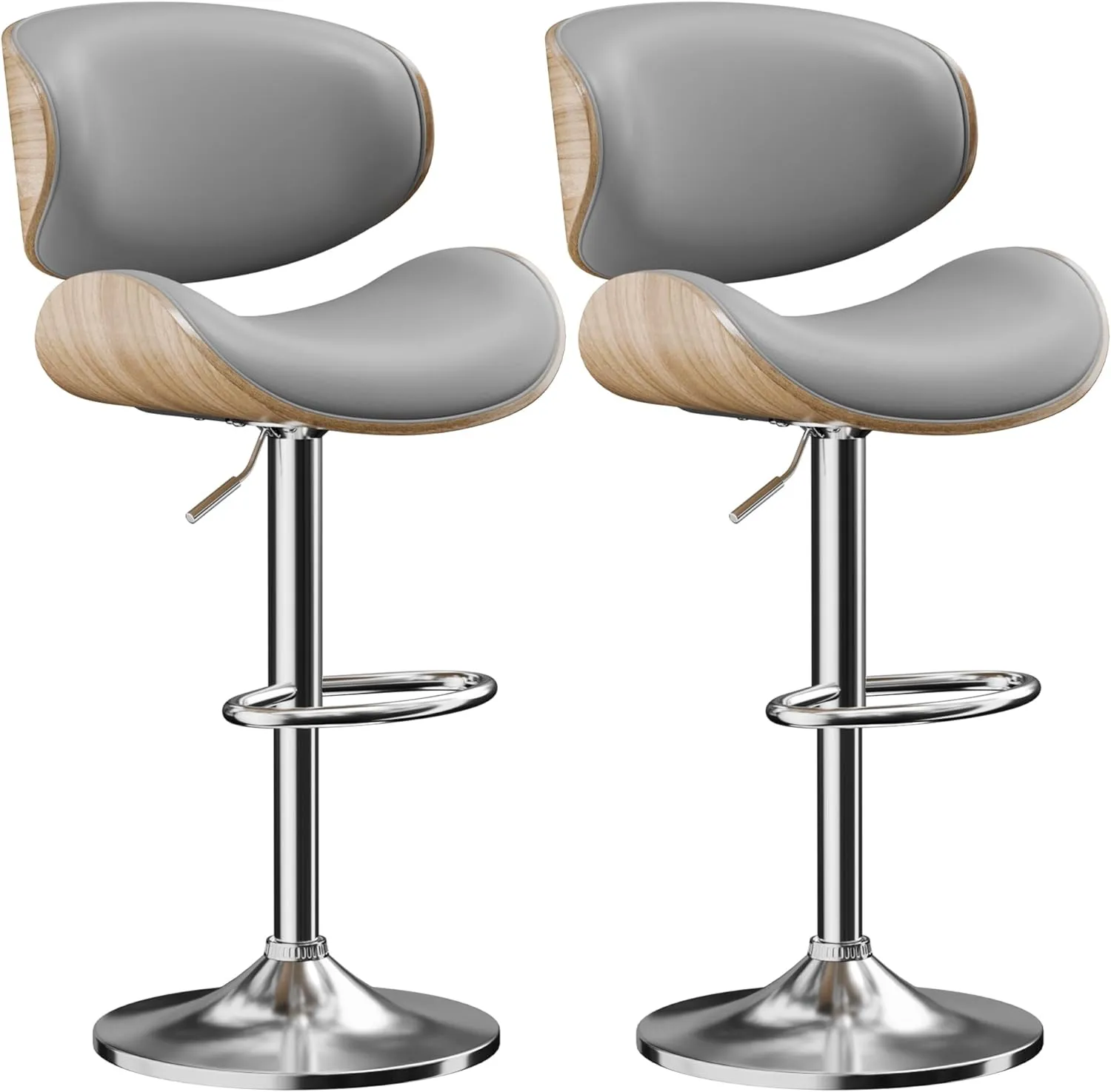 Bar Stools Set of 2, Adjustable Swivel Leather Bar Stools for Kitchen Island, Mid Century Modern Counter Height Bar Chairs Barstools with Back & Footrest (Grey)