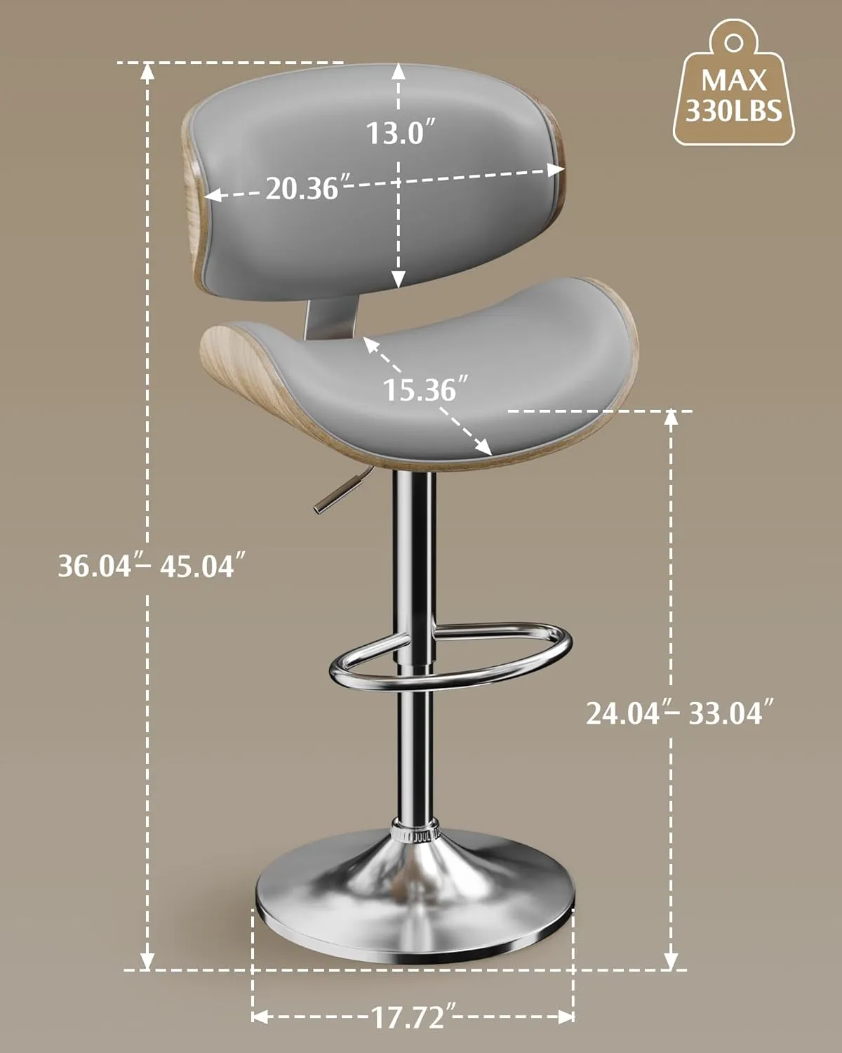 Bar Stools Set of 2, Adjustable Swivel Leather Bar Stools for Kitchen Island, Mid Century Modern Counter Height Bar Chairs Barstools with Back & Footrest (Grey)