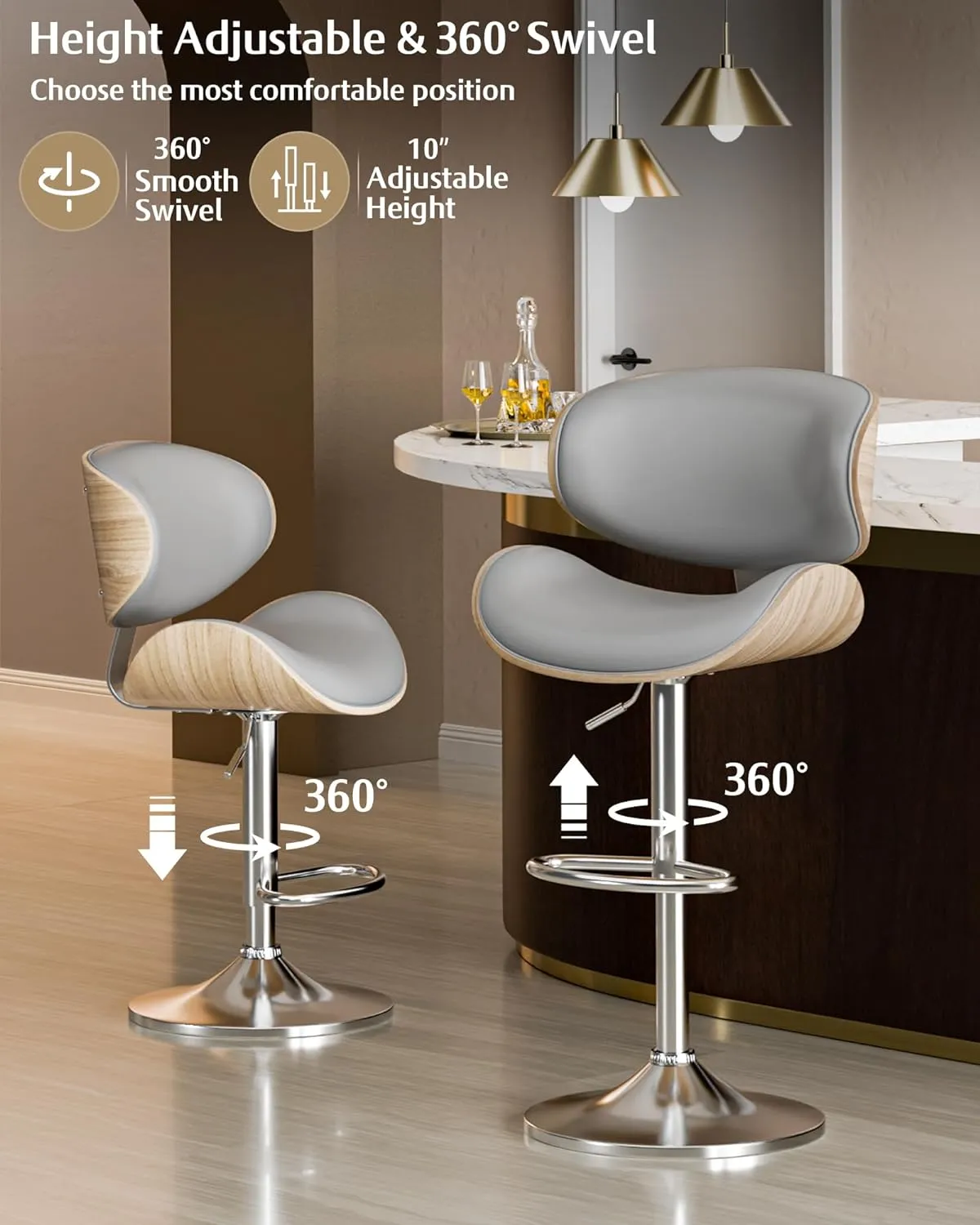 Bar Stools Set of 2, Adjustable Swivel Leather Bar Stools for Kitchen Island, Mid Century Modern Counter Height Bar Chairs Barstools with Back & Footrest (Grey)