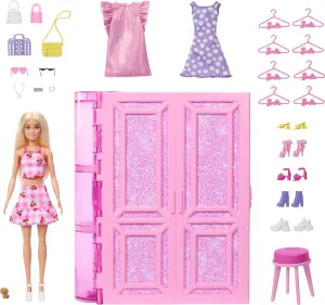 Barbie Dream Dressing Room Playset with 29 Pieces Including Doll, Vanity, Clothing Racks & Accessories, Portable Folding Closet with Handle, Multicolored, Ages 3 