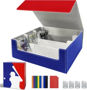 Baseball Trading Card Box - 2400  Card Storage Box with 4 Supporters & 10 Colorful Dividers for Sports Baseball Cards,Waterproof Leather Card Deck Case fit Toploaders Magnetic Holder