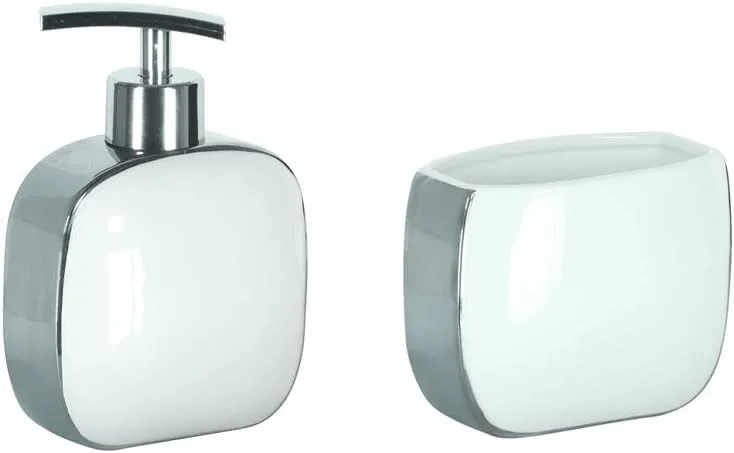 Bathroom Accessories Set - 2 Pieces - Pearl Bathroom Tumbler and Soap Dispenser - Luxurious Countertop Accessories. - Shiny Finish - White