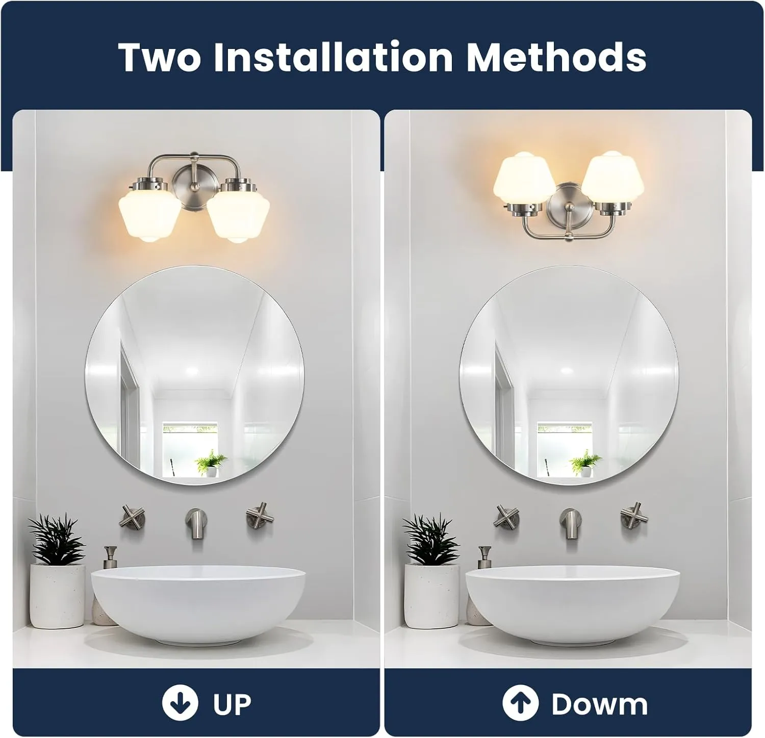 Bathroom Vanity Light Fixtures: 2-Lights Vanity Lighting Fixtures with Frosted Milky Glass Shades, Hardwired 11 in Brushed Nickel Vanity Lights Over Mirror (Exclude E26 Bulb)