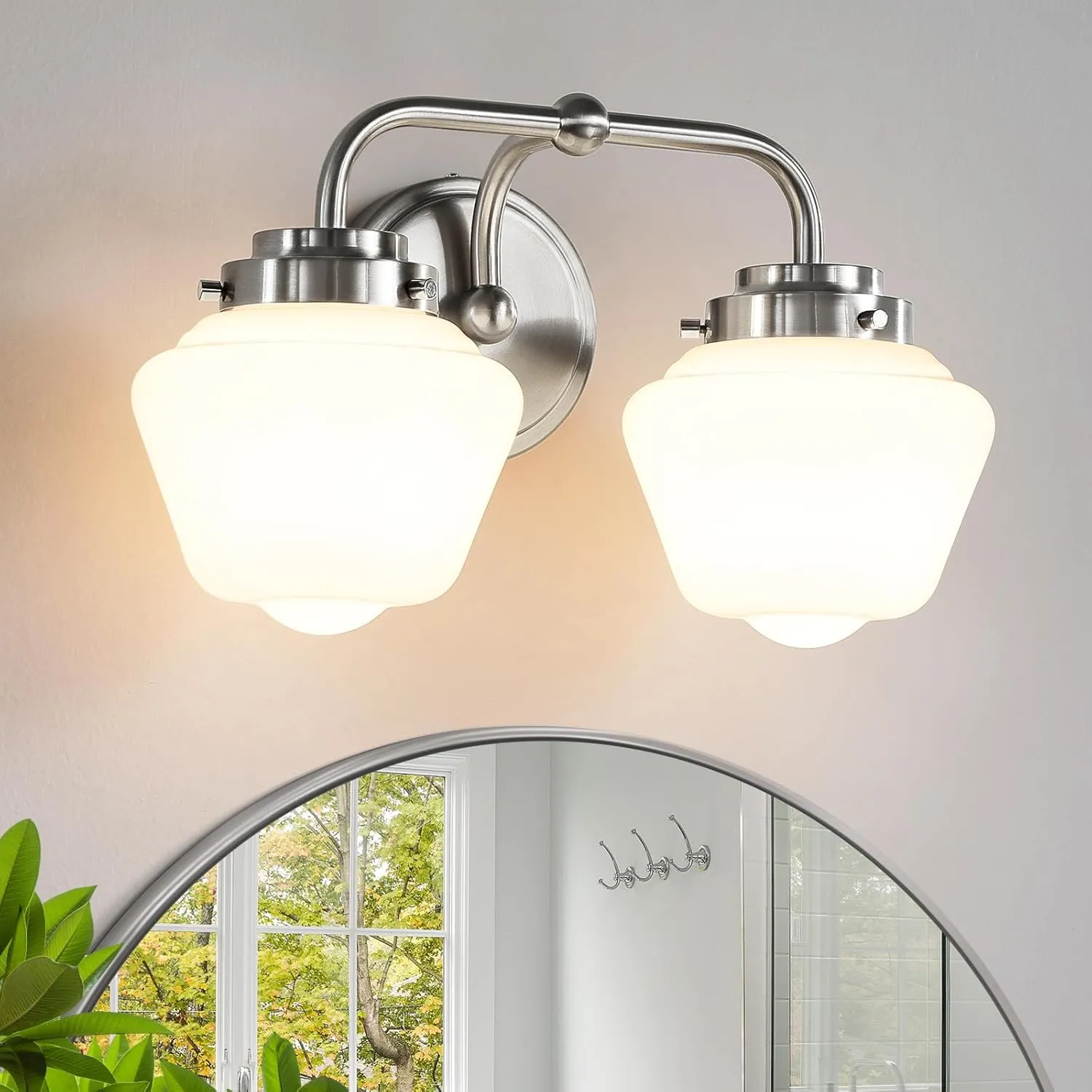 Bathroom Vanity Light Fixtures: 2-Lights Vanity Lighting Fixtures with Frosted Milky Glass Shades, Hardwired 11 in Brushed Nickel Vanity Lights Over Mirror (Exclude E26 Bulb)
