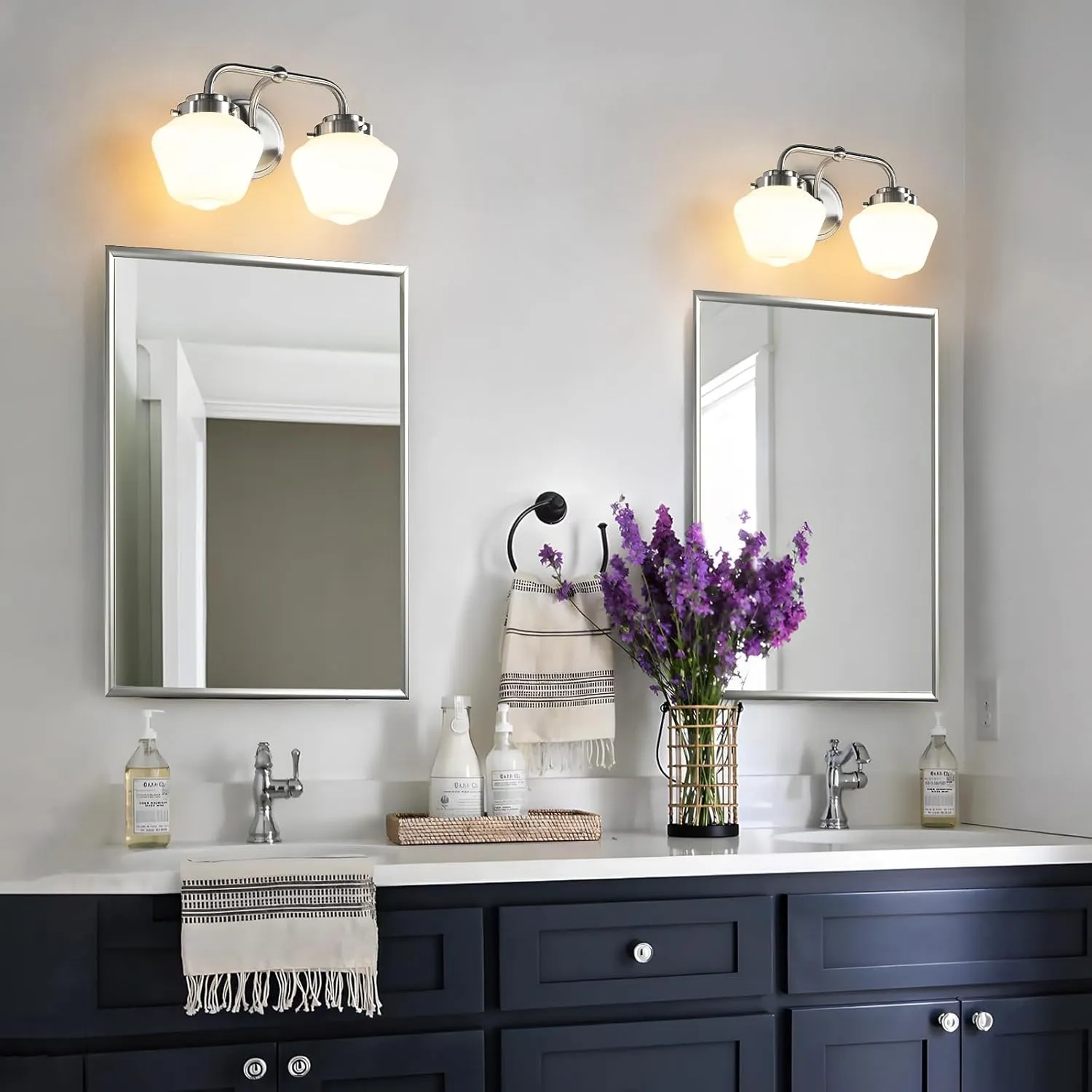Bathroom Vanity Light Fixtures: 2-Lights Vanity Lighting Fixtures with Frosted Milky Glass Shades, Hardwired 11 in Brushed Nickel Vanity Lights Over Mirror (Exclude E26 Bulb)