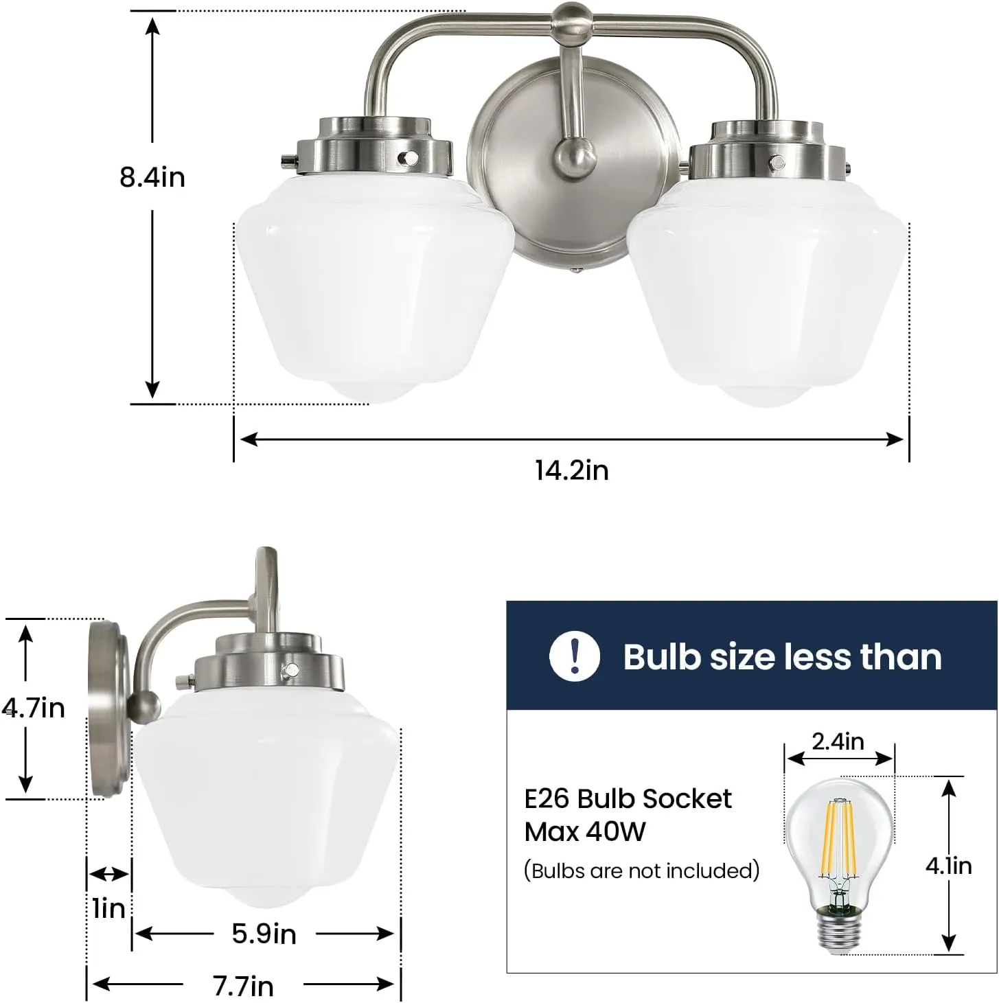 Bathroom Vanity Light Fixtures: 2-Lights Vanity Lighting Fixtures with Frosted Milky Glass Shades, Hardwired 11 in Brushed Nickel Vanity Lights Over Mirror (Exclude E26 Bulb)