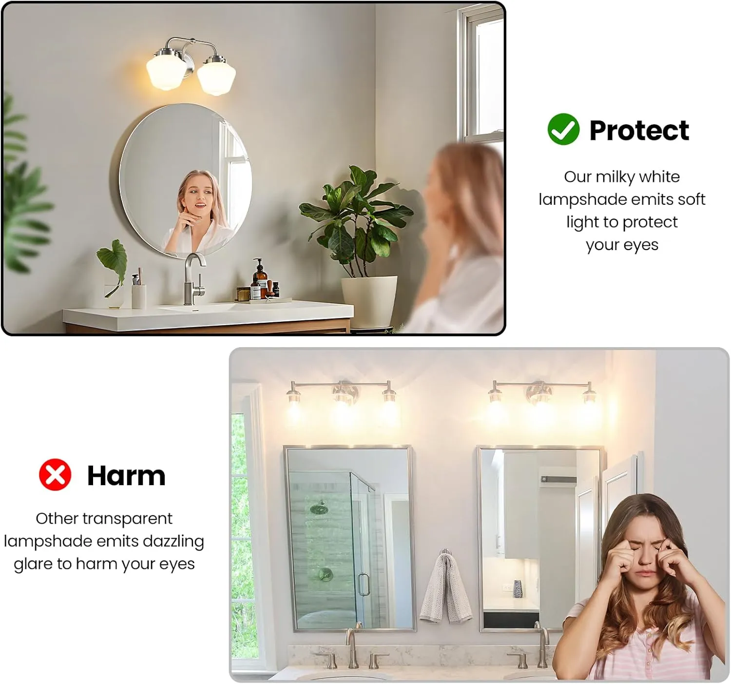 Bathroom Vanity Light Fixtures: 2-Lights Vanity Lighting Fixtures with Frosted Milky Glass Shades, Hardwired 11 in Brushed Nickel Vanity Lights Over Mirror (Exclude E26 Bulb)