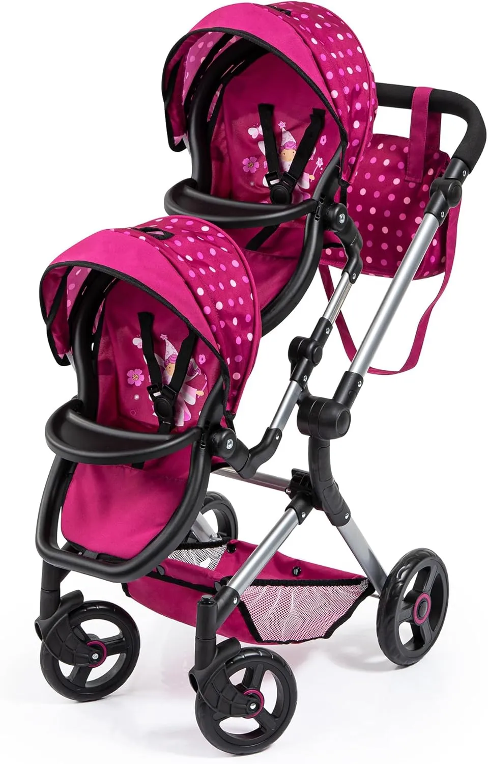 Bayer Design Dolls: Pram Neo Twin - Hot Pink & Polka Dots, Fairy - Seats 2 Dolls Up to 18", Shoulder Bag, Adjustable Handle, Foldable, Kids Ages 3 