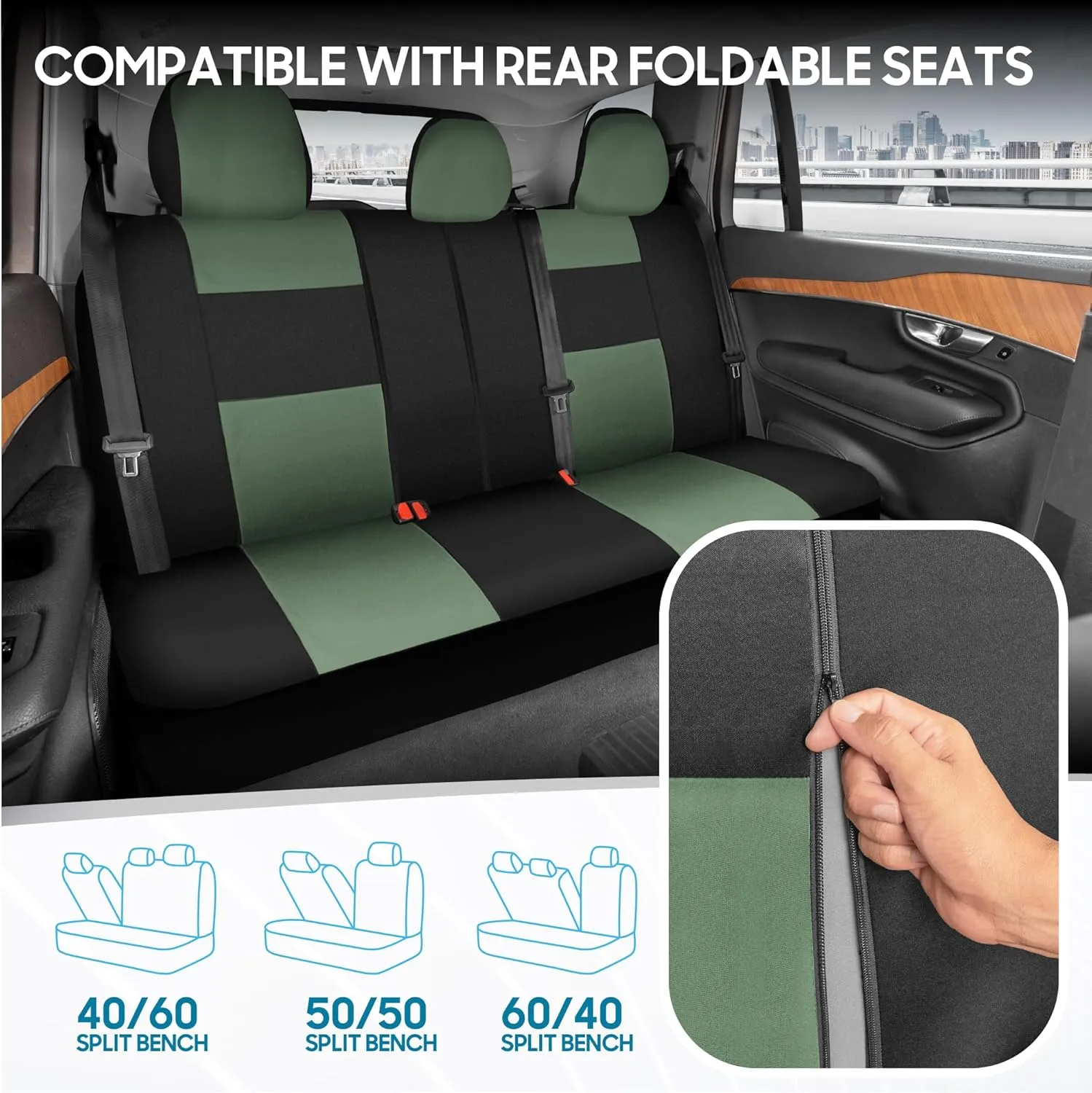BDK PolyPro Car Seat Covers Full Set in Green on Black, Front and Rear Split Bench Seat Covers for Cars, Easy to Install Car Seats Cover Set and Accessories for Auto Trucks Van SUV - Green