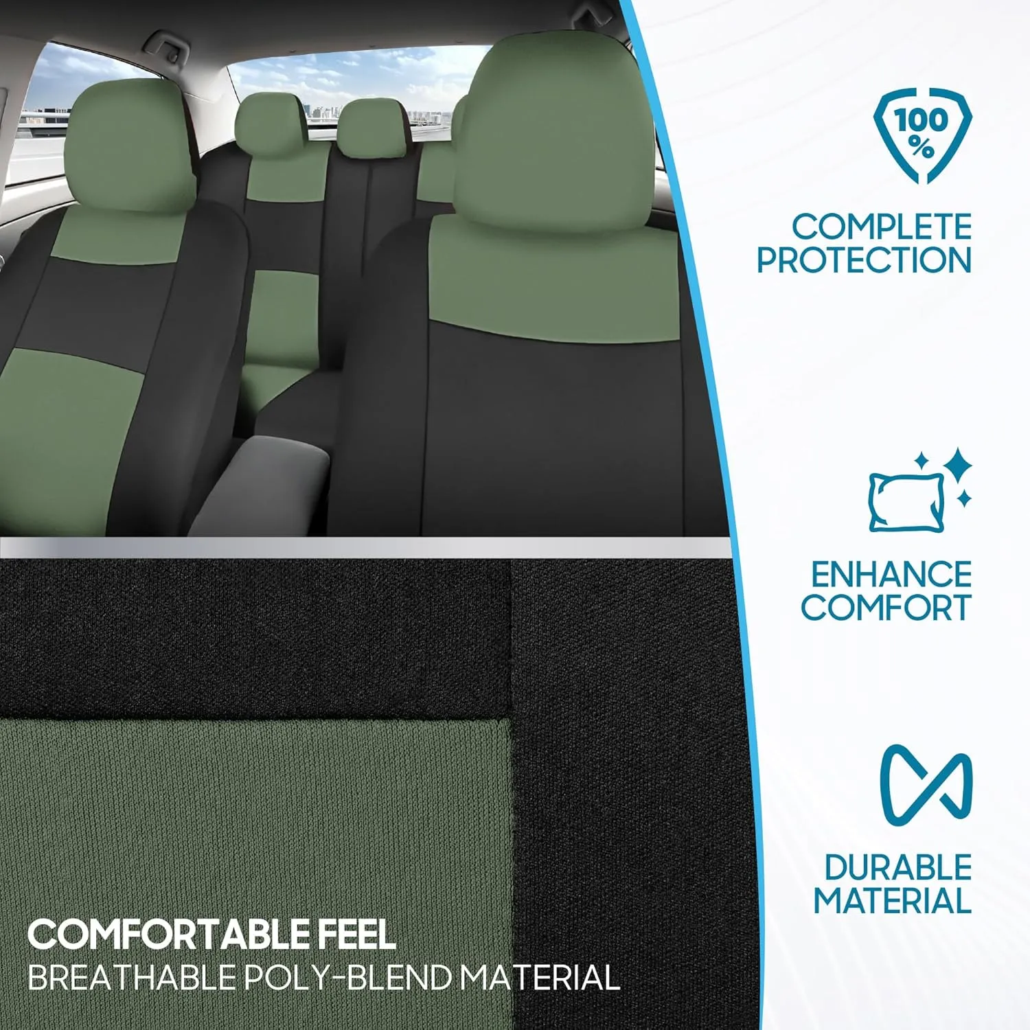 BDK PolyPro Car Seat Covers Full Set in Green on Black, Front and Rear Split Bench Seat Covers for Cars, Easy to Install Car Seats Cover Set and Accessories for Auto Trucks Van SUV - Green