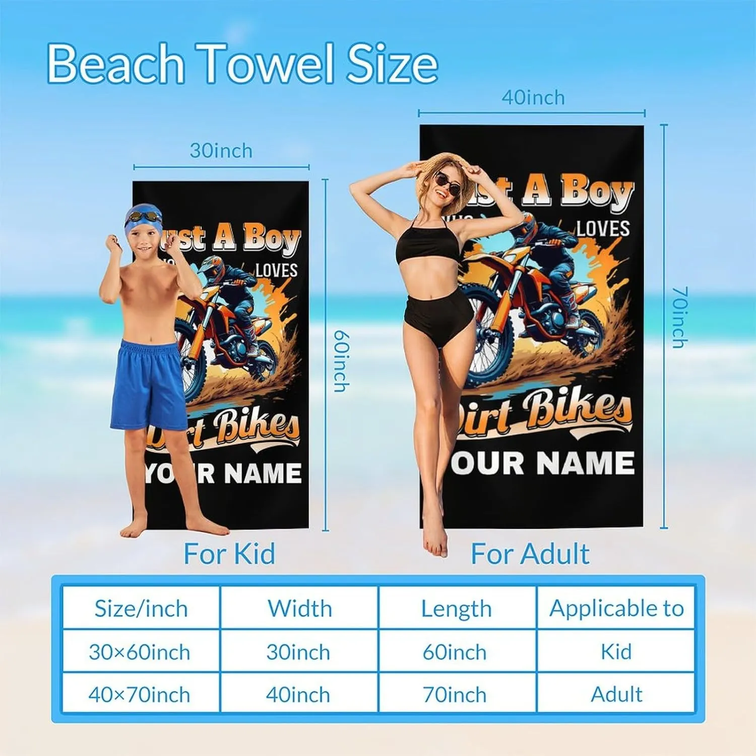 Beach Towels for Kids, Personalized Lightweight Quick Dry Dirt Bike Towels for Boys Car Lovers, 60x30 Inch Dirt Bike Beach Essentials Gifts for Holiday, Seaside, Pools, Swimming, Picnic