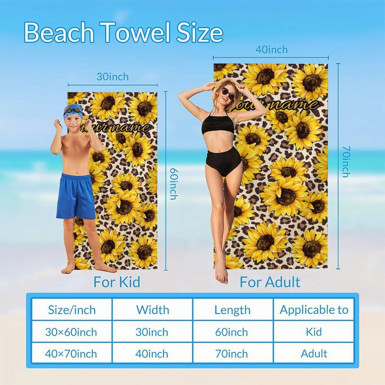 Beach Towel for Kids, Personalized Sandfree Absorbent Aesthetic Towels for Teens Girls, Custom 60x30 Inch Comfortable Sunflower Beach Essentials for Fitness, Summer, Sports Events