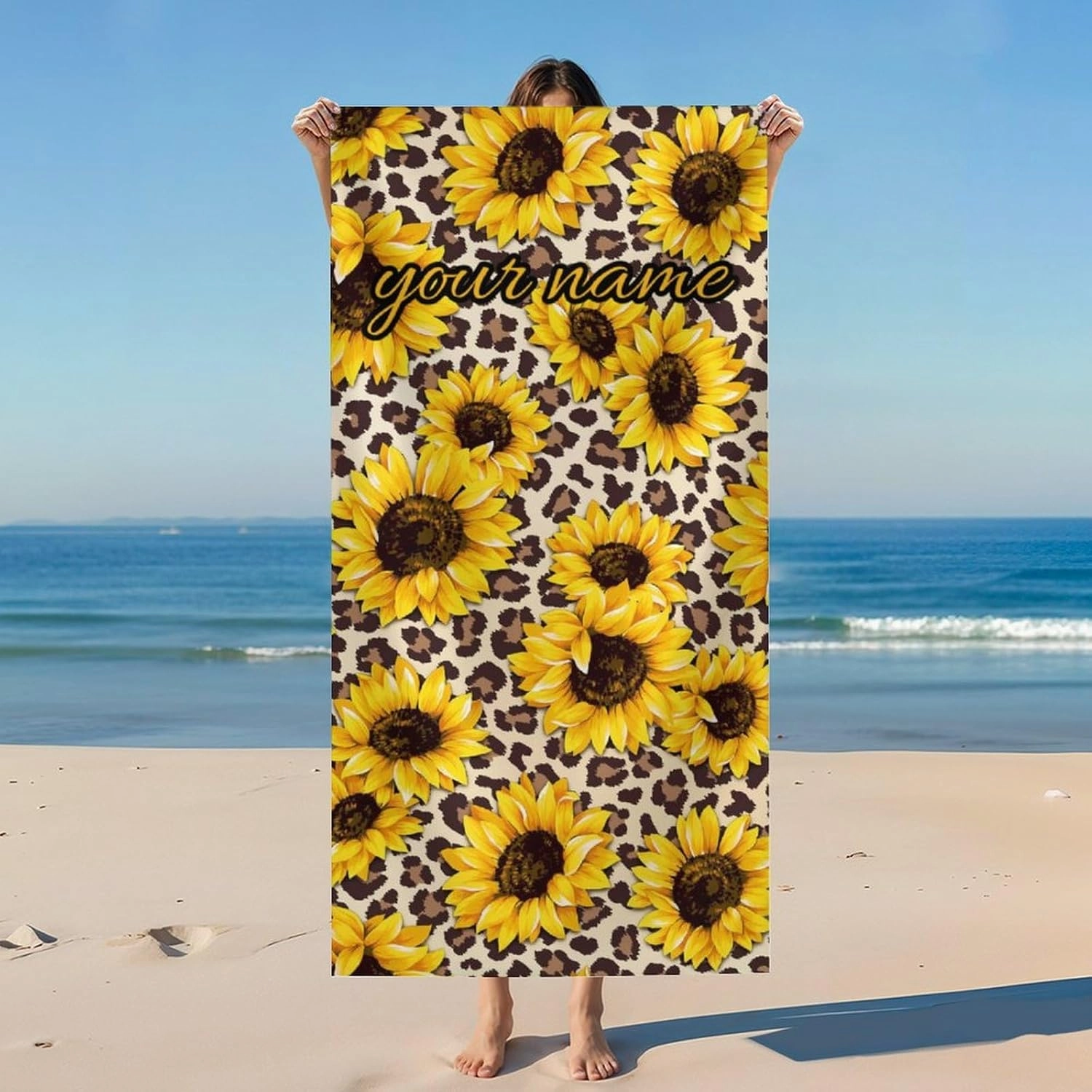 Beach Towel for Kids, Personalized Sandfree Absorbent Aesthetic Towels for Teens Girls, Custom 60x30 Inch Comfortable Sunflower Beach Essentials for Fitness, Summer, Sports Events