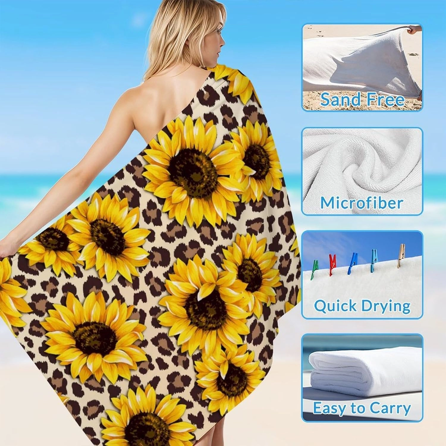 Beach Towel for Kids, Personalized Sandfree Absorbent Aesthetic Towels for Teens Girls, Custom 60x30 Inch Comfortable Sunflower Beach Essentials for Fitness, Summer, Sports Events