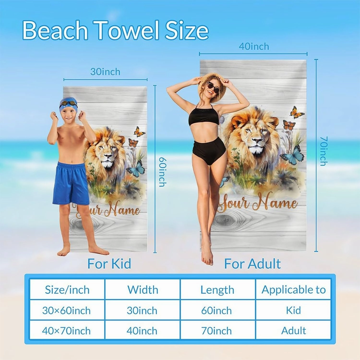 Beach Towels for Kids, Personalized Lightweight Lion Bathroom Towels for Teens Girls, 60x30 Inch Aesthetic Beach Essentials for Summer Holiday, Seaside, Pools, Travel, Picnic