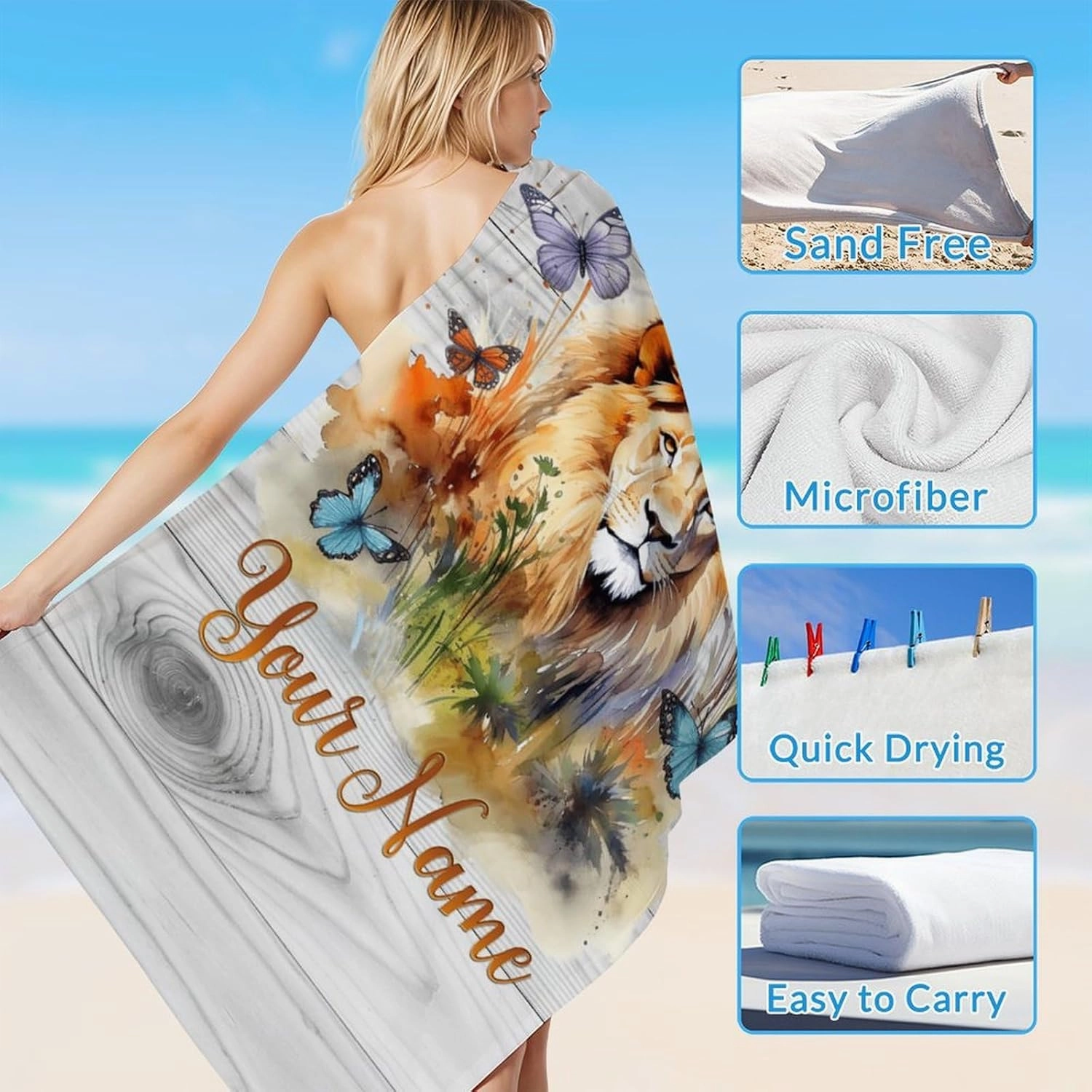 Beach Towels for Kids, Personalized Lightweight Lion Bathroom Towels for Teens Girls, 60x30 Inch Aesthetic Beach Essentials for Summer Holiday, Seaside, Pools, Travel, Picnic