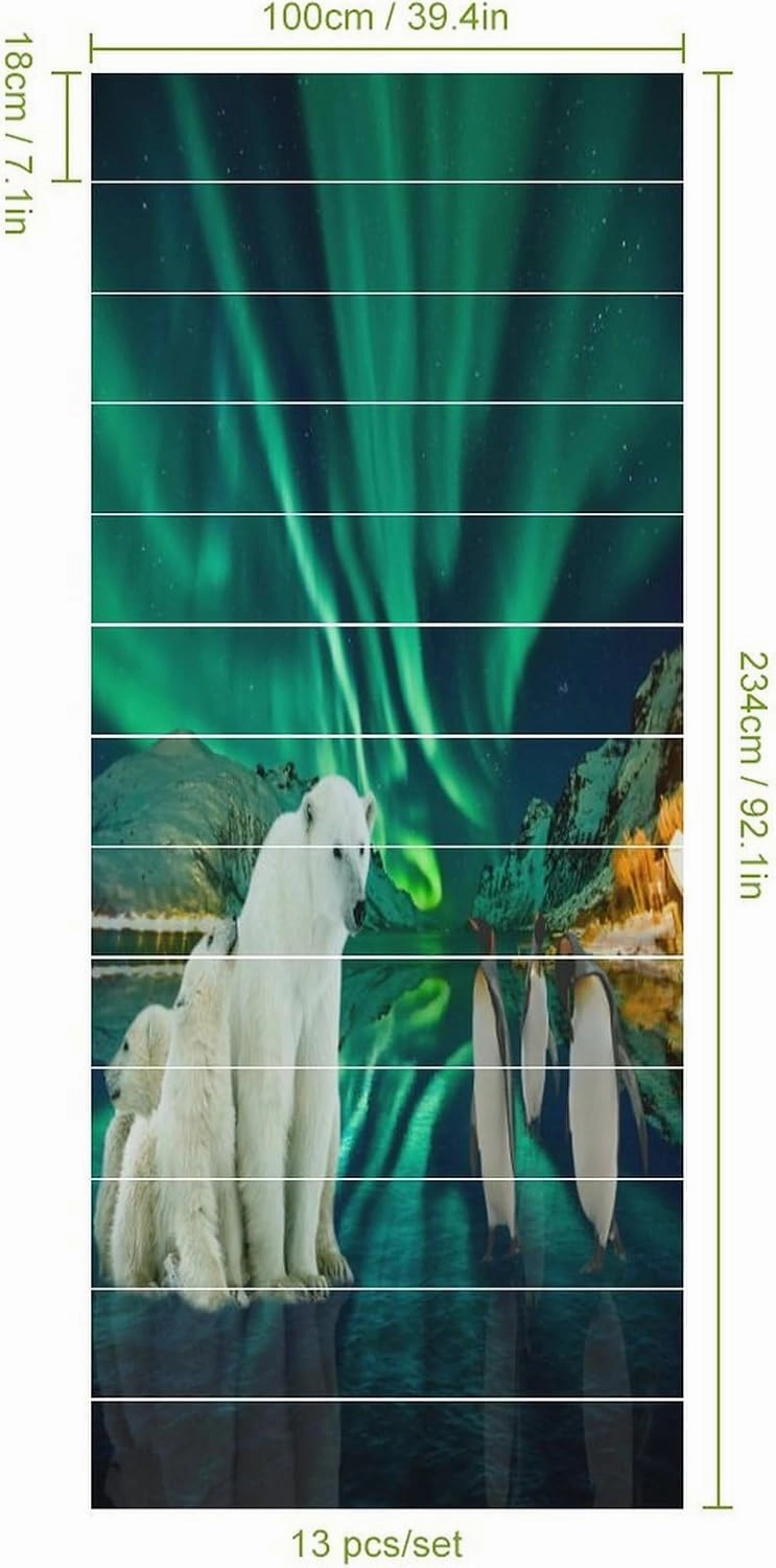 Beautiful Colorful Aurora Self Adhesive Waterproof Stair Riser Staircase,Rustic Nature Scenery Snowy Mountain Forest Cute Polar Bear Penguin Peel Stick Stickers 7.1W"x39.4L"x1 Set