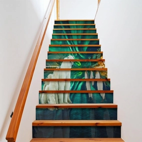 Beautiful Colorful Aurora Self Adhesive Waterproof Stair Riser Staircase,Rustic Nature Scenery Snowy Mountain Forest Cute Polar Bear Penguin Peel Stick Stickers 7.1W"x39.4L"x1 Set