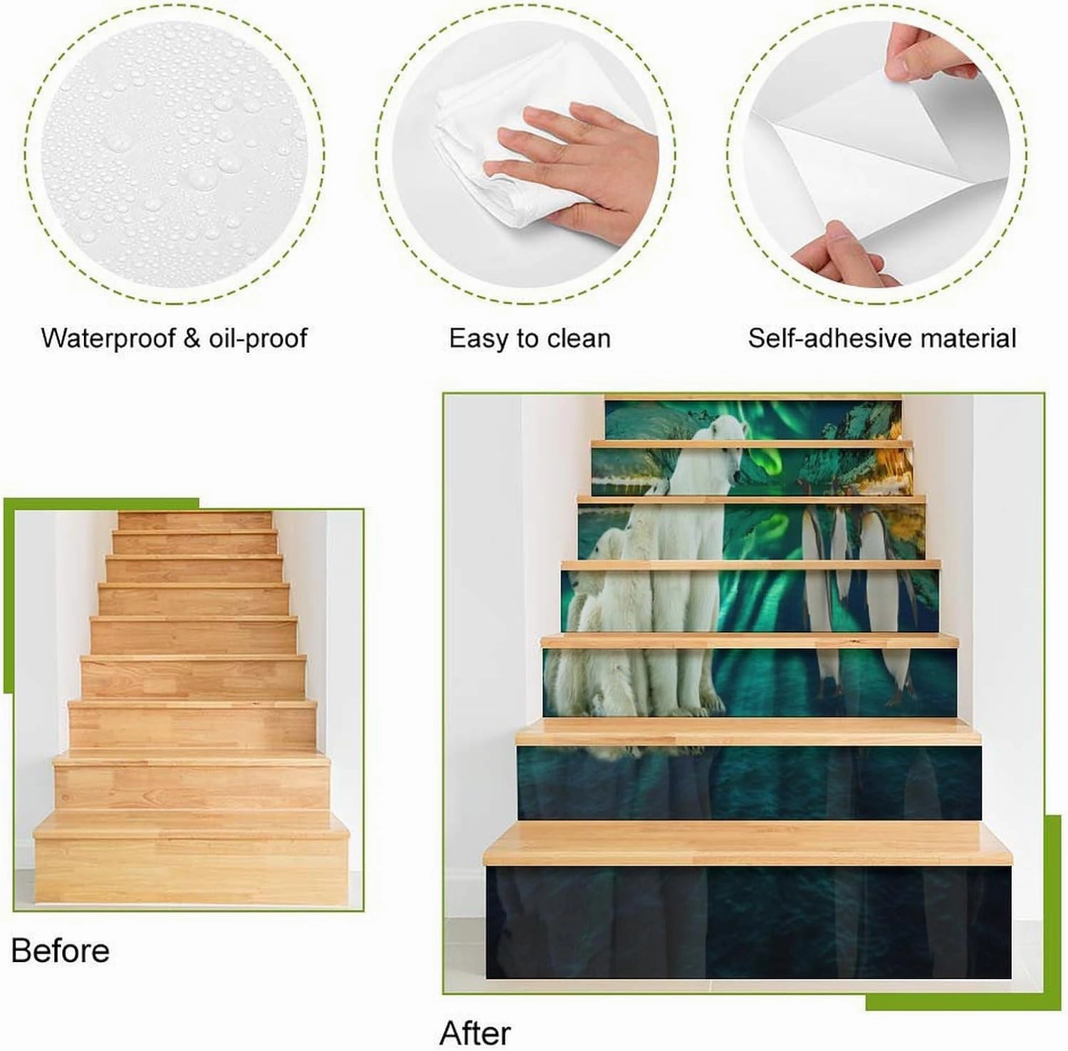 Beautiful Colorful Aurora Self Adhesive Waterproof Stair Riser Staircase,Rustic Nature Scenery Snowy Mountain Forest Cute Polar Bear Penguin Peel Stick Stickers 7.1W"x39.4L"x1 Set