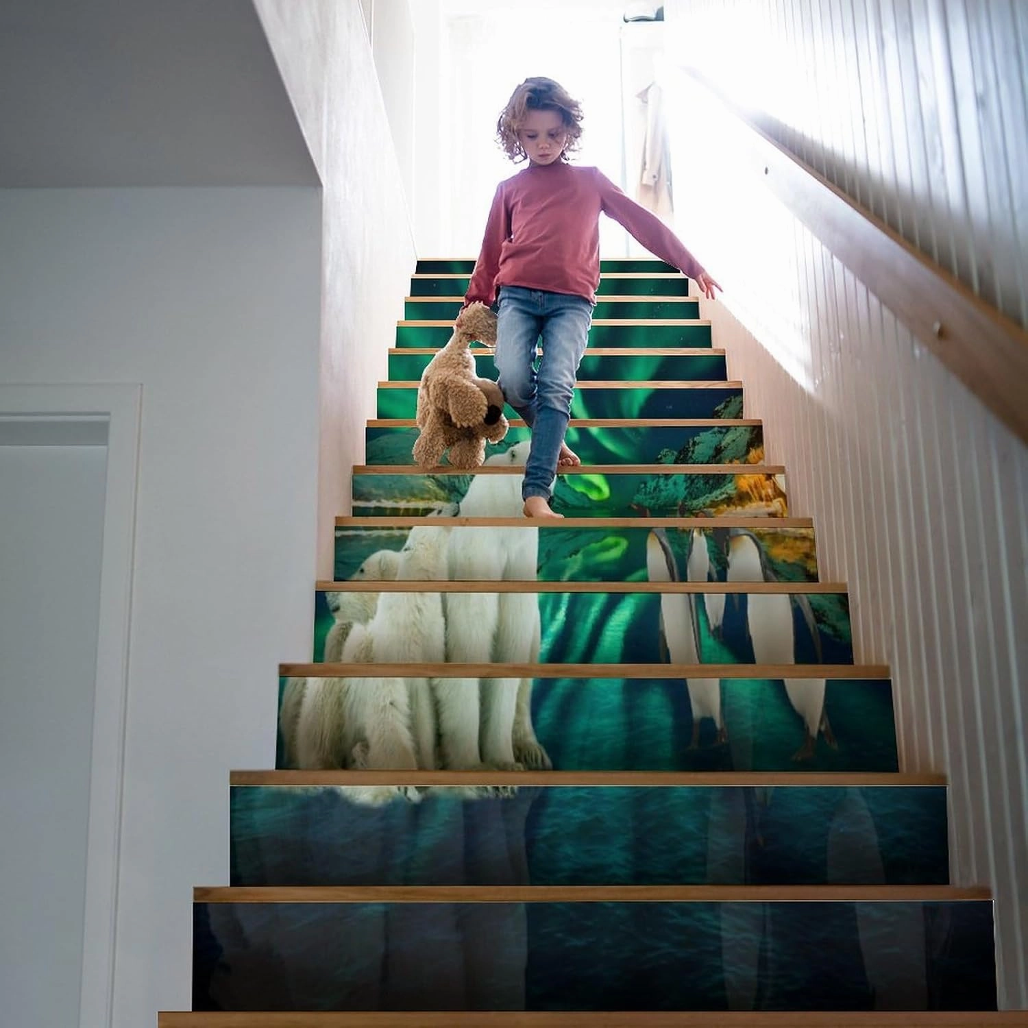 Beautiful Colorful Aurora Self Adhesive Waterproof Stair Riser Staircase,Rustic Nature Scenery Snowy Mountain Forest Cute Polar Bear Penguin Peel Stick Stickers 7.1W"x39.4L"x1 Set