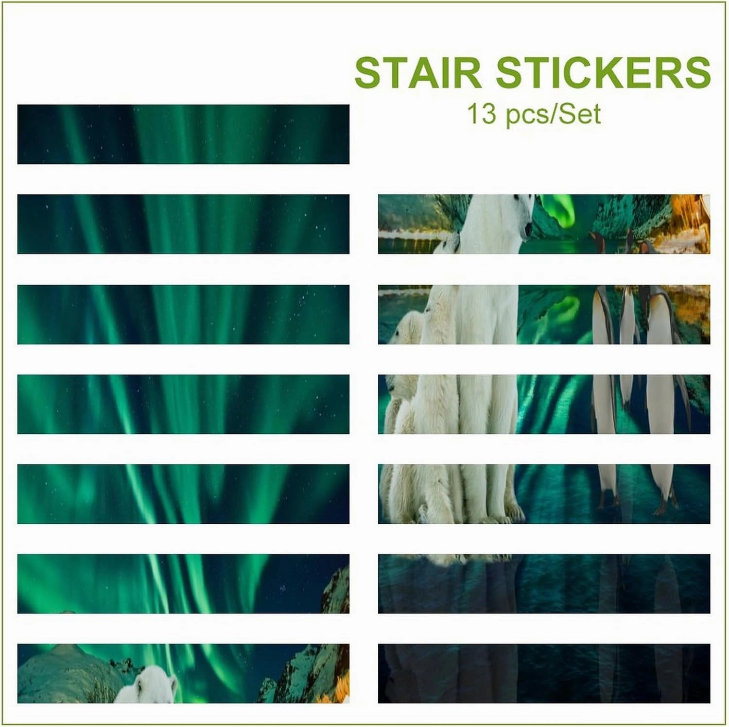 Beautiful Colorful Aurora Self Adhesive Waterproof Stair Riser Staircase,Rustic Nature Scenery Snowy Mountain Forest Cute Polar Bear Penguin Peel Stick Stickers 7.1W"x39.4L"x1 Set